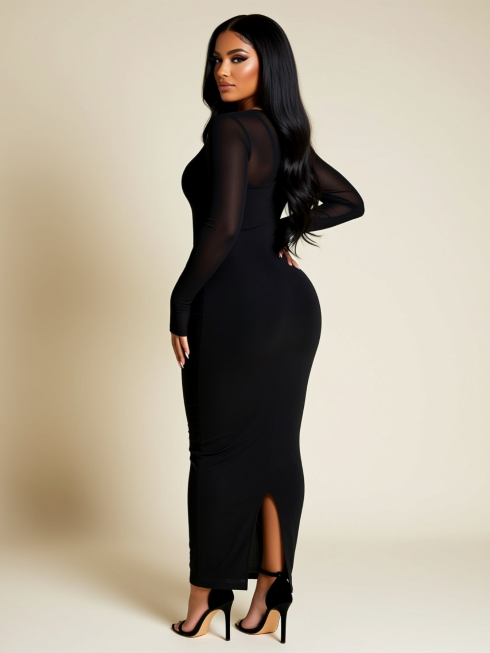 Black Mesh Long‑Sleeve Slim Fit Maxi Dress