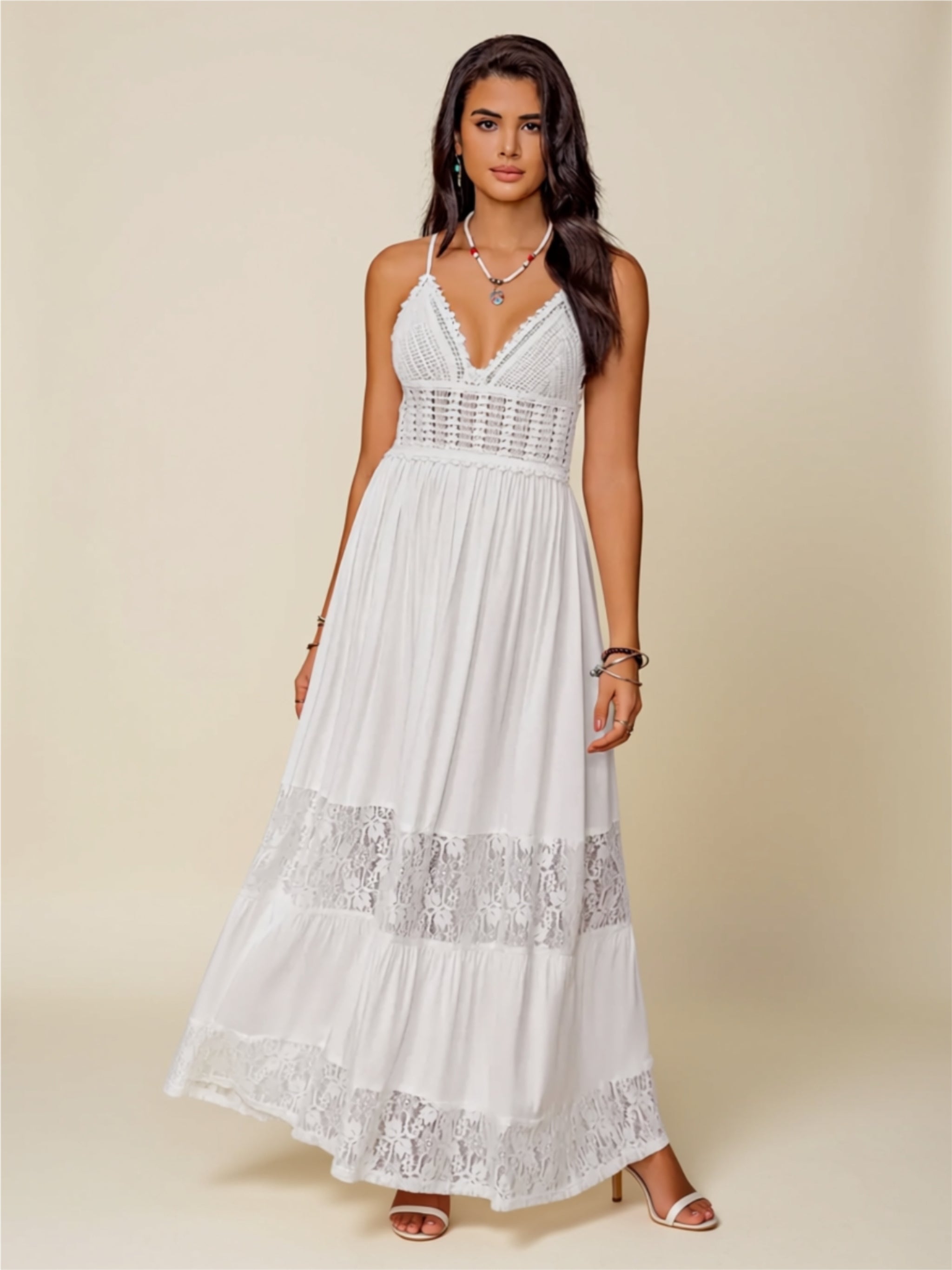 White Lace Openwork Maxi Dress