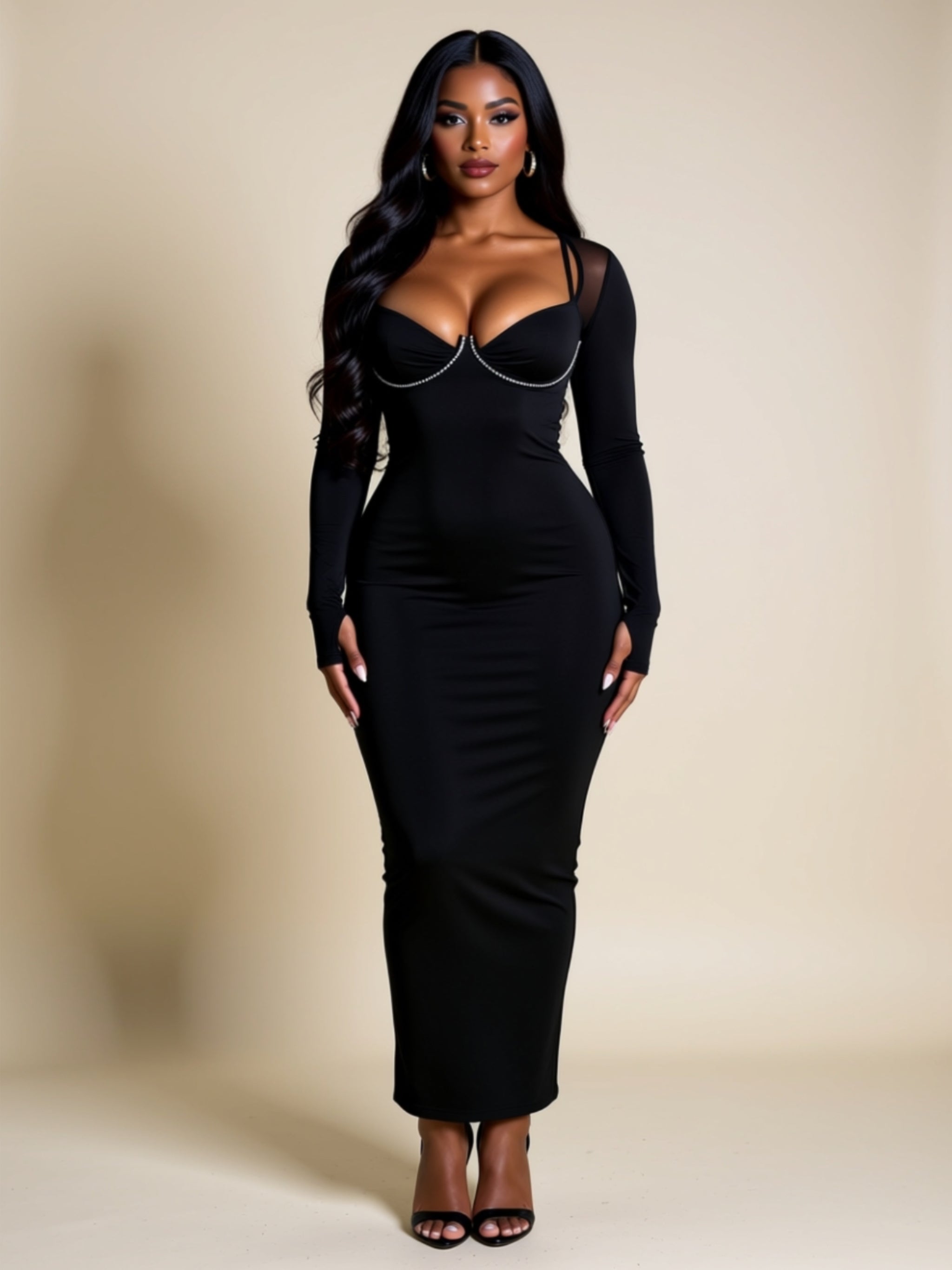 Black Mesh Long‑Sleeve Slim Fit Maxi Dress