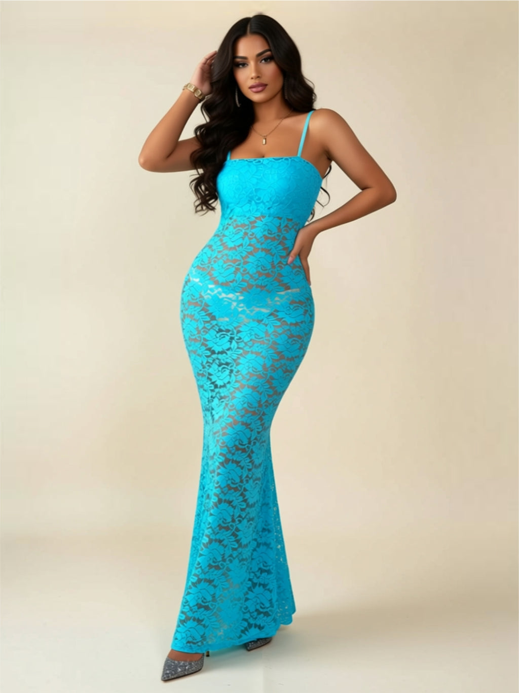 Elegant Lace Maxi Bodycon Dress with Spaghetti Straps