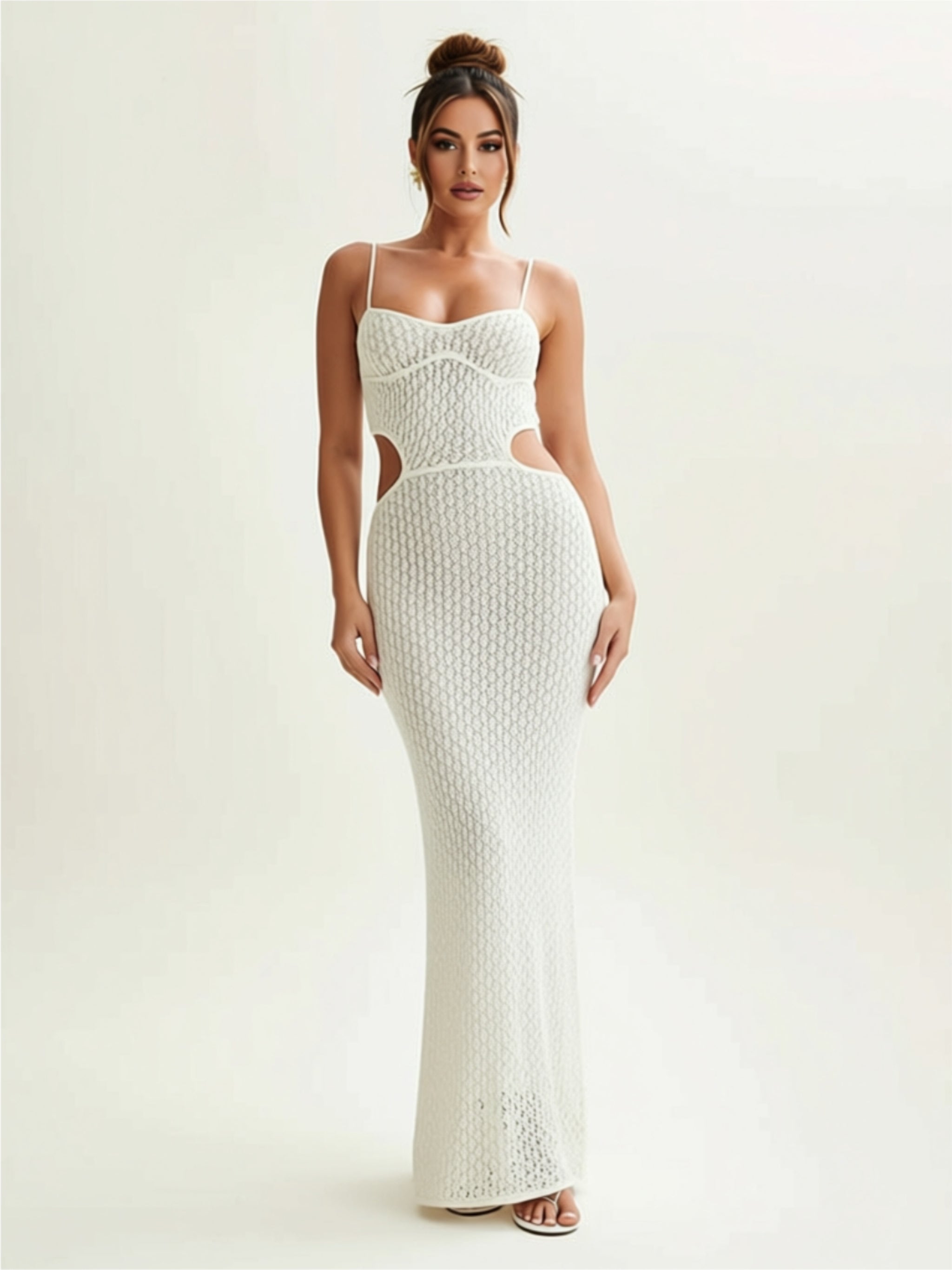 White Sheer Crochet Cutout Maxi Dress