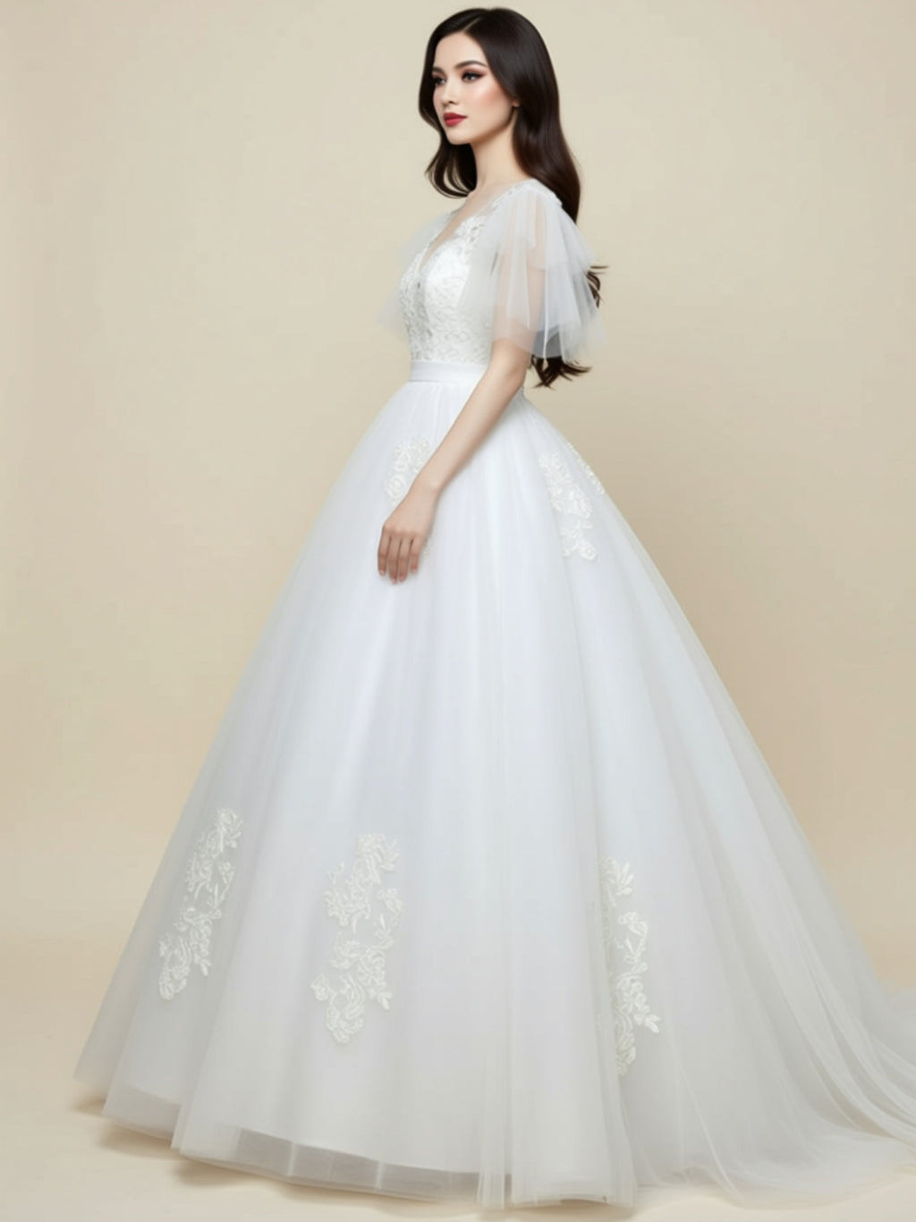 Elegant Lace Ball Gown Wedding Dress with 3D Appliqué Bodice & Sheer Flutter Sleeves