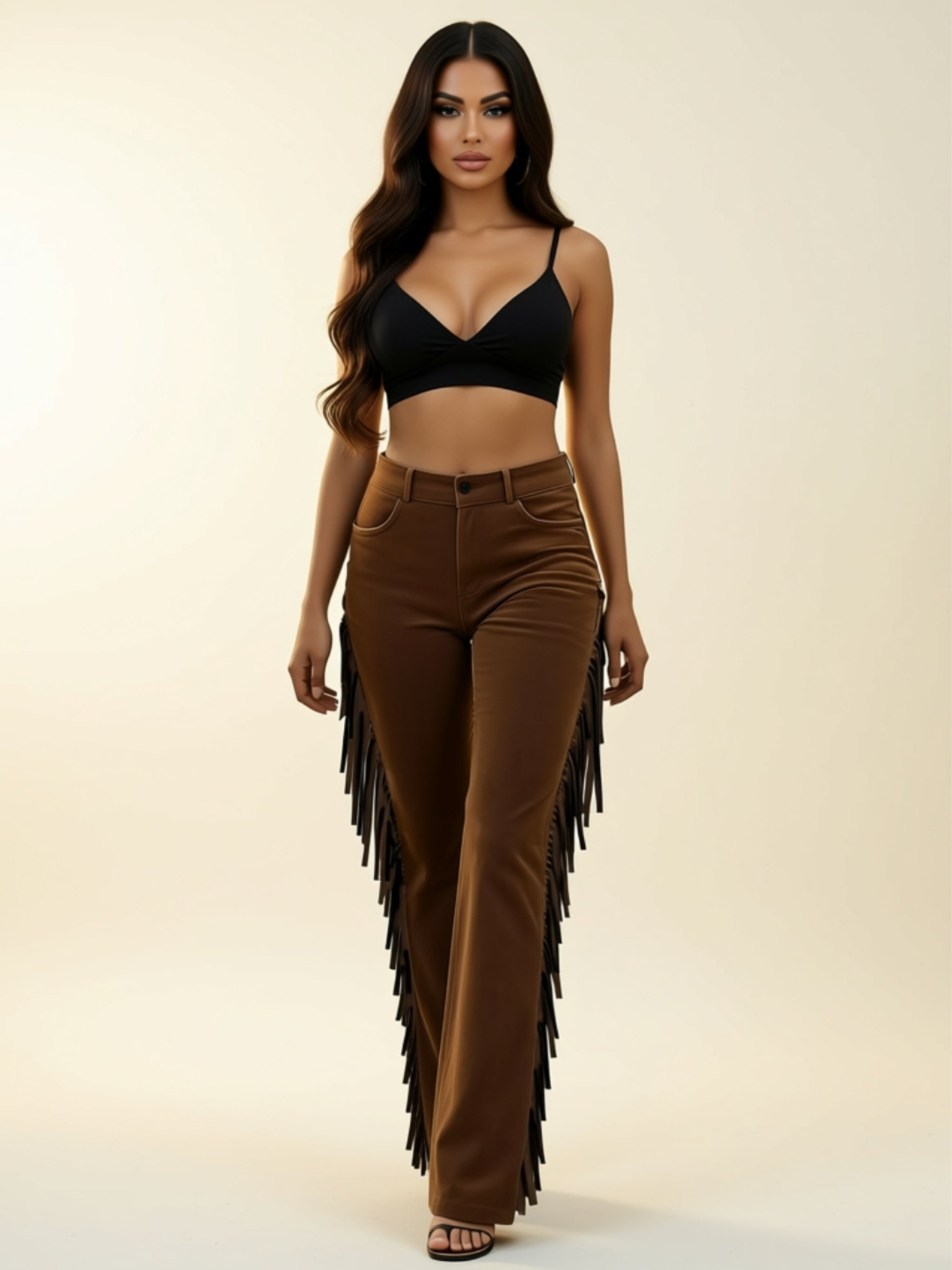 Artistic Retro Dark Brown Tassel Flared Pants