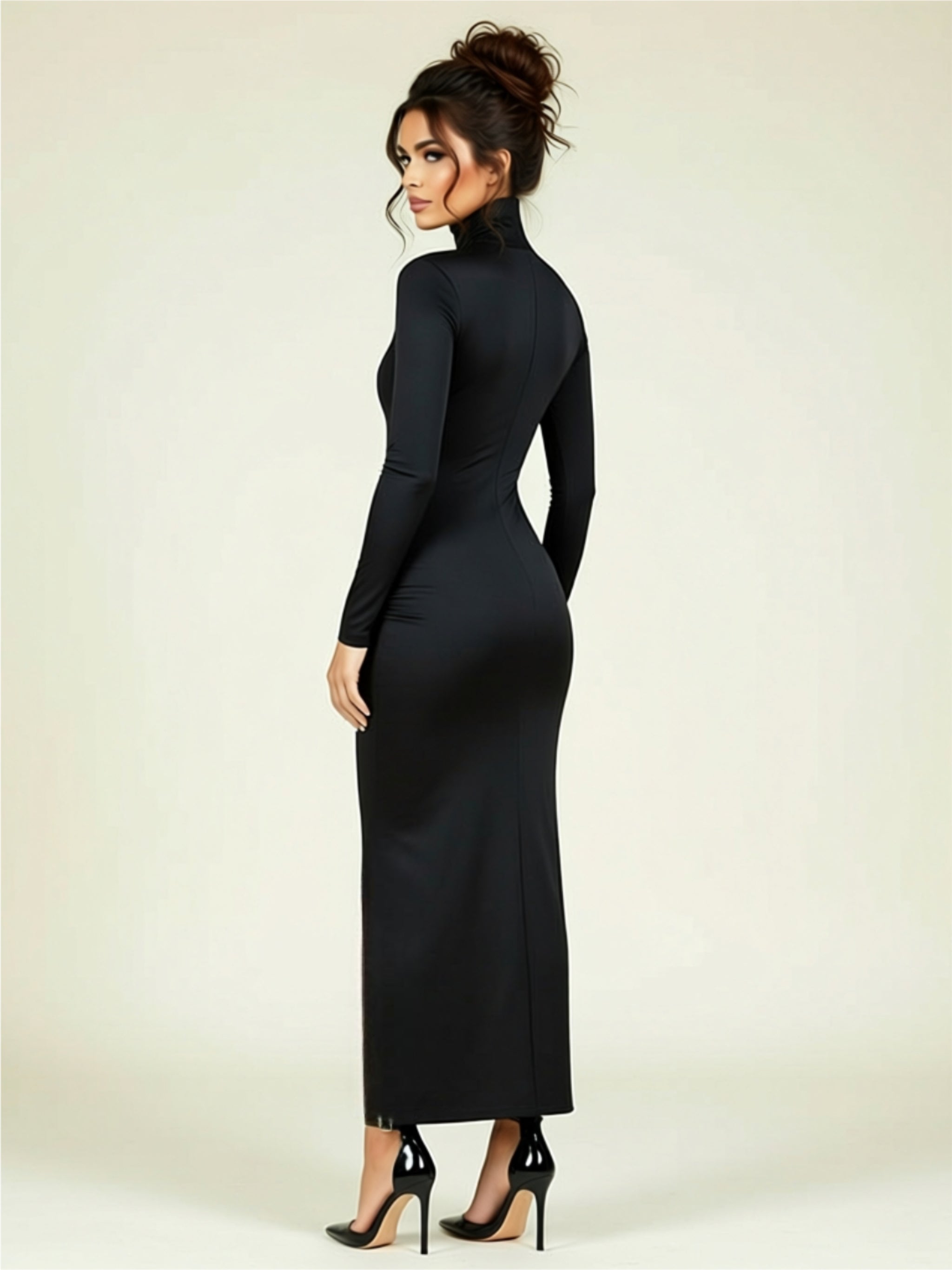 Elegant Solid Color Long Sleeve Maxi Dress with High Neck & Front Draped Knot