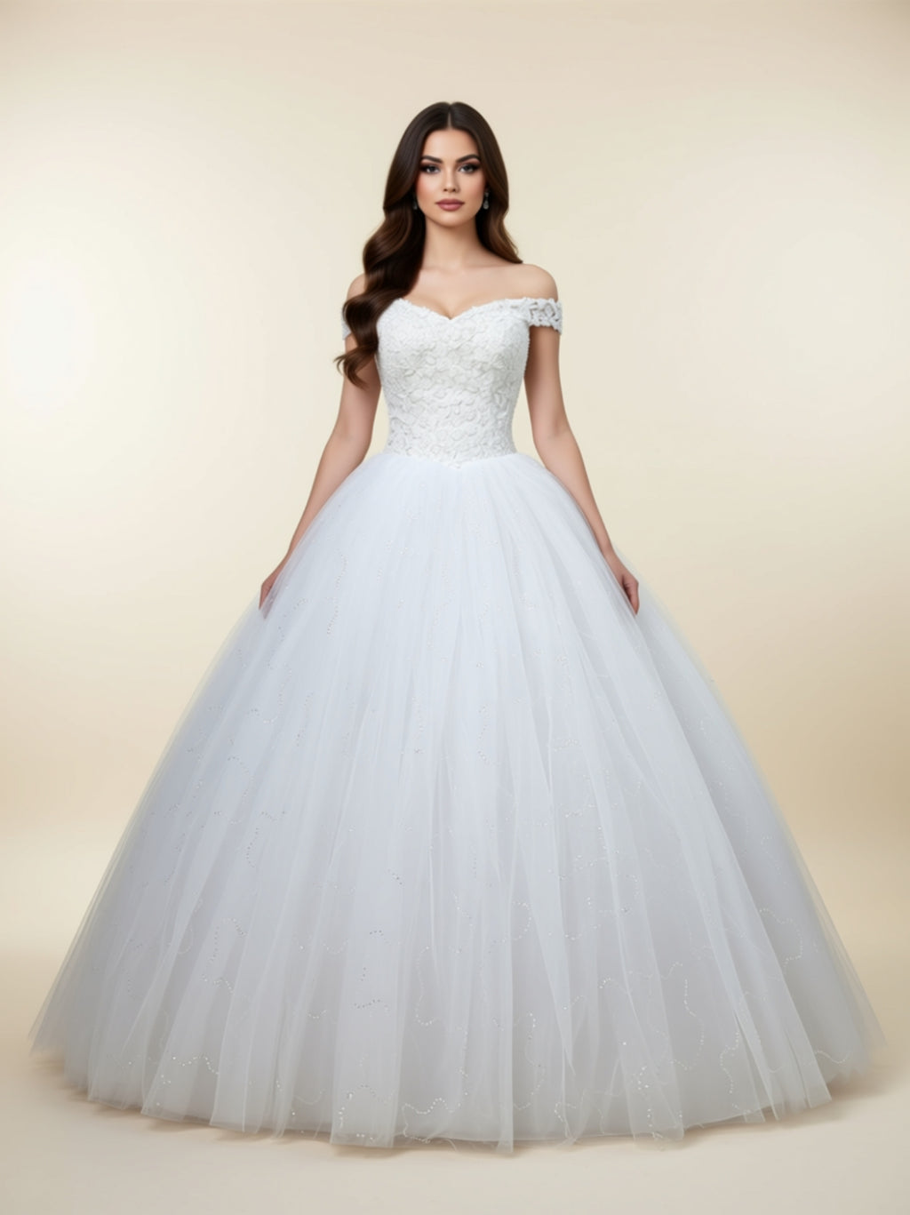 Off‑Shoulder Lace Ball Gown Wedding Dress