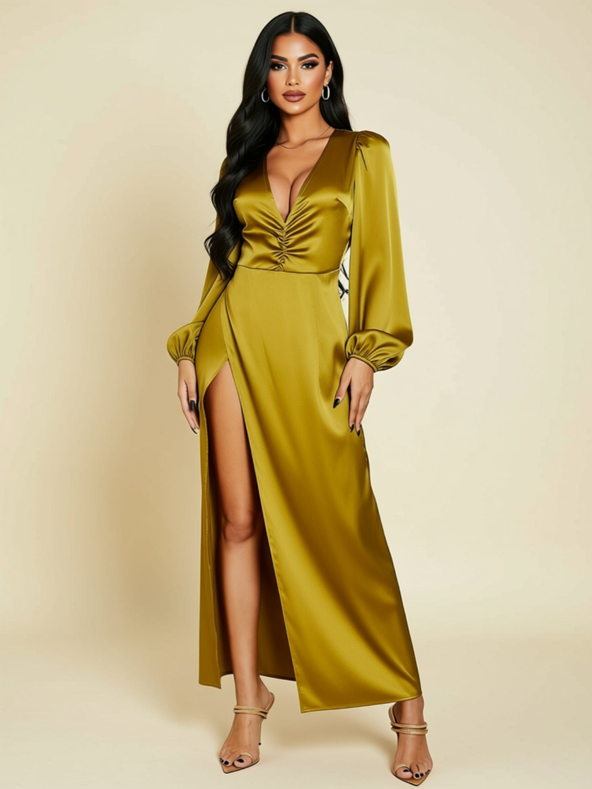 Gold High‑Waist Maxi Dress with Deep V Neck & Princess Sleeves