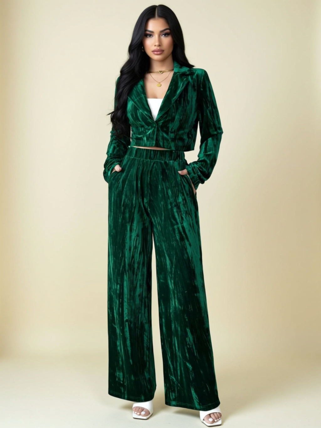 Velvet Two‑Piece Wide‑Leg Pant Set with Long Sleeve Blazer Top