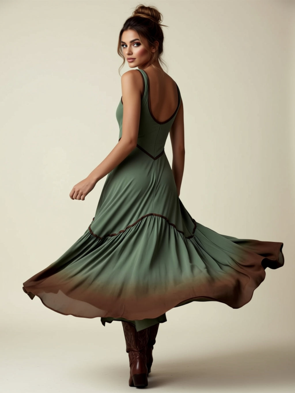 Olive Pleated Midi Flared Dress