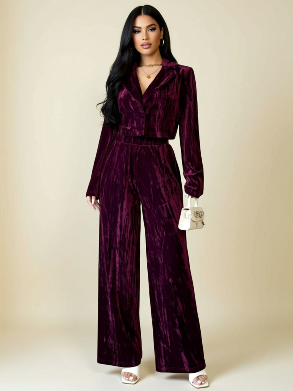 Velvet Two‑Piece Wide‑Leg Pant Set with Long Sleeve Blazer Top