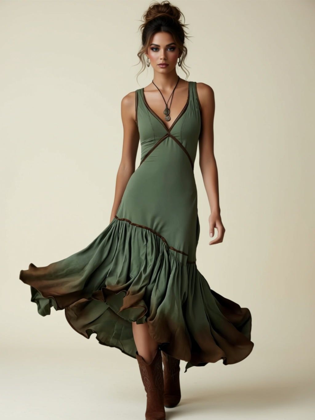 Olive Pleated Midi Flared Dress