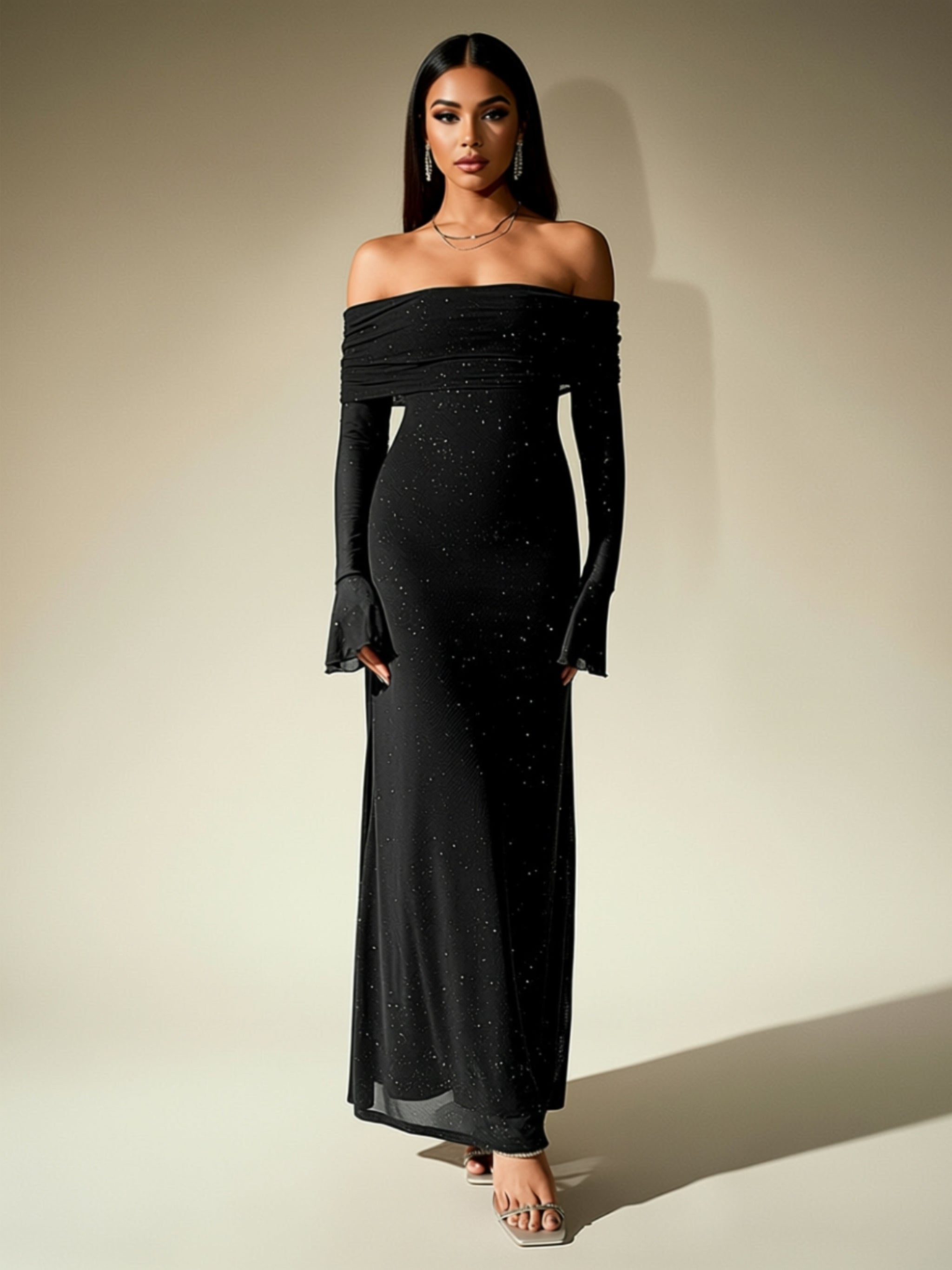 Off‑Shoulder Glitter Maxi Dress with Long Sleeves