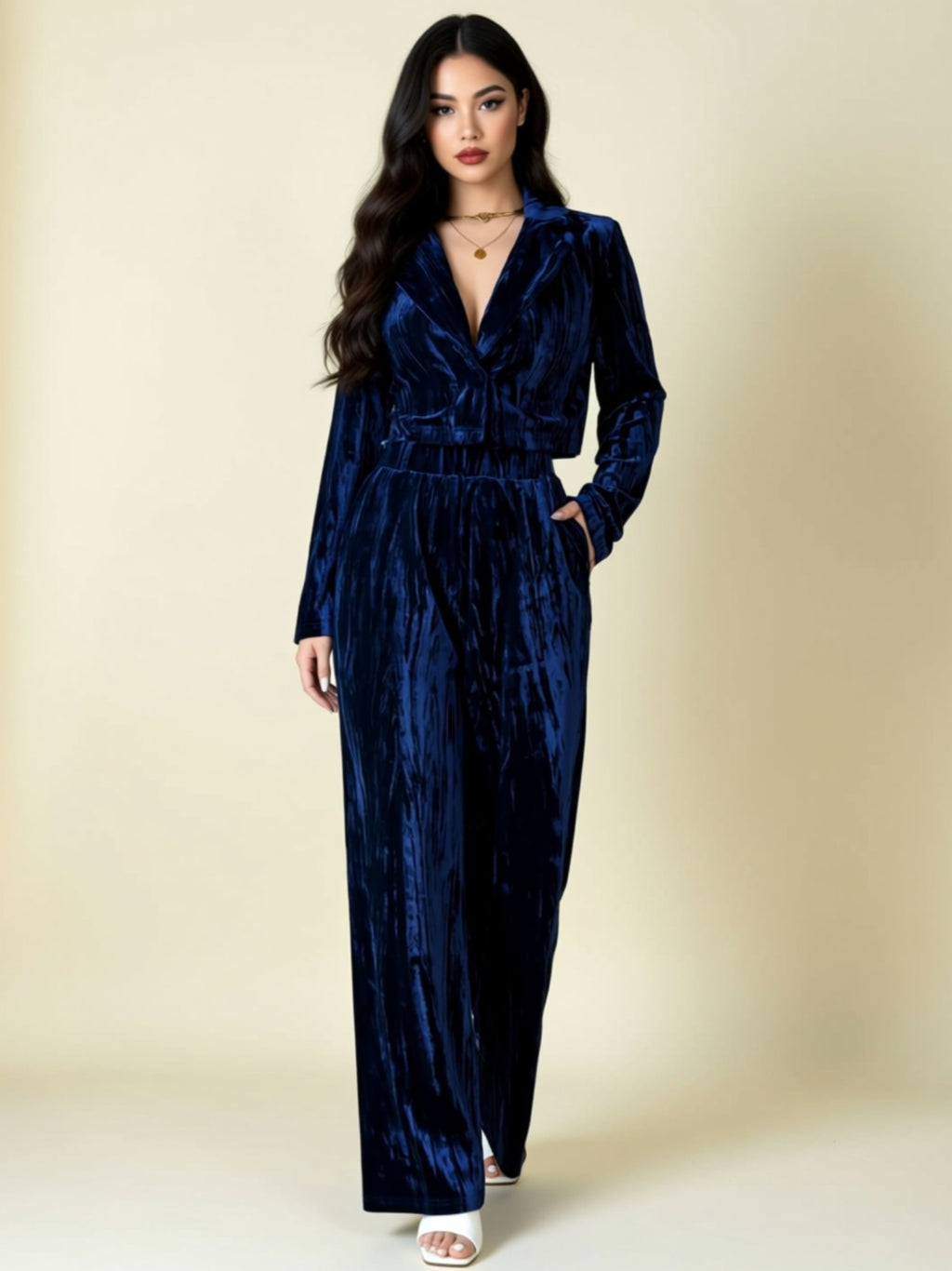 Velvet Two‑Piece Wide‑Leg Pant Set with Long Sleeve Blazer Top