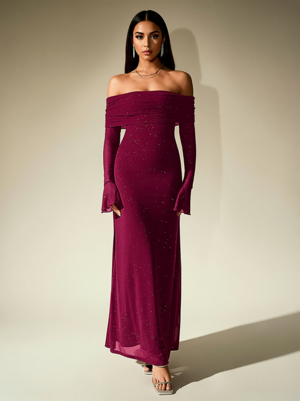 Off‑Shoulder Glitter Maxi Dress with Long Sleeves