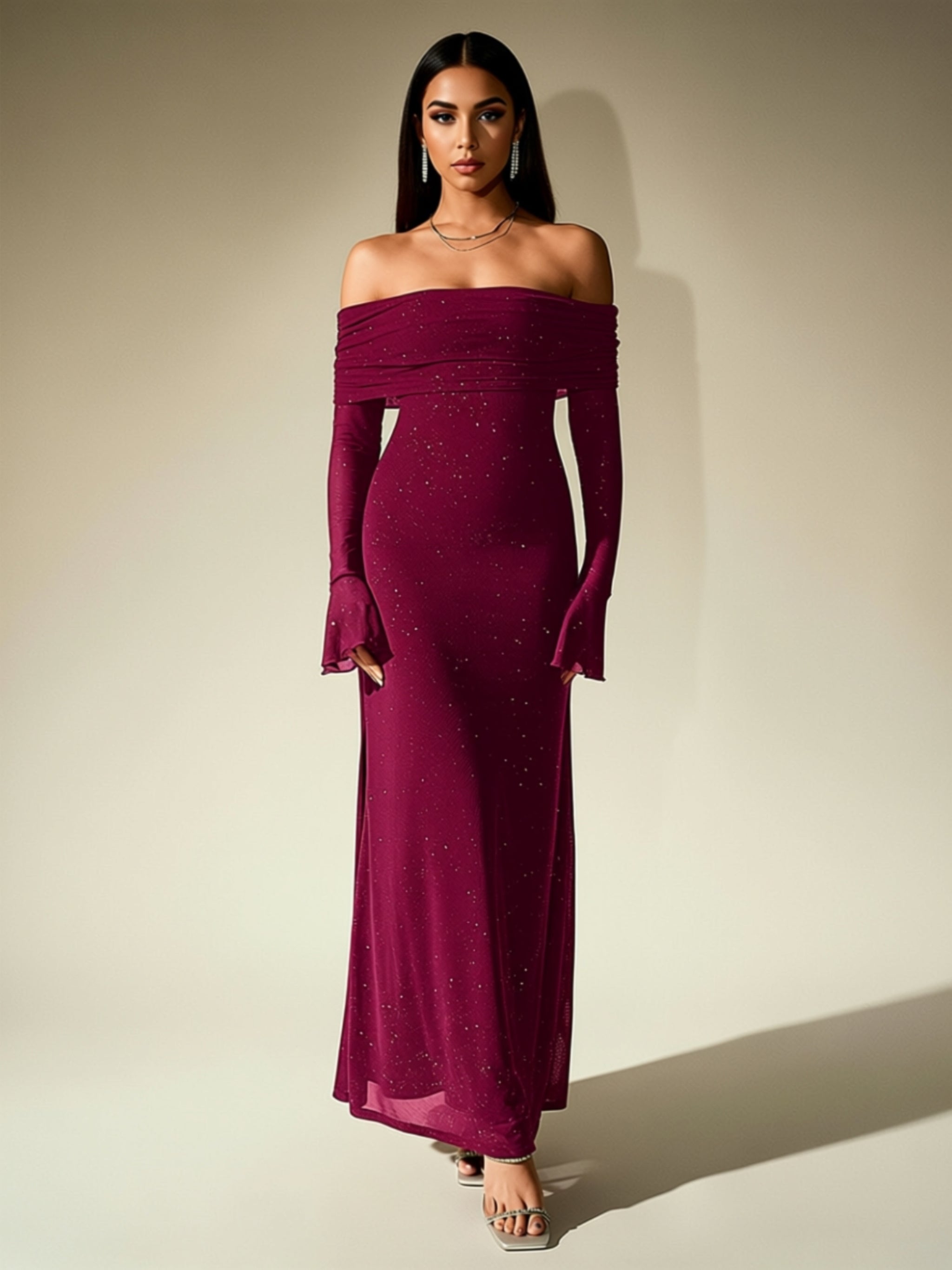 Off‑Shoulder Glitter Maxi Dress with Long Sleeves
