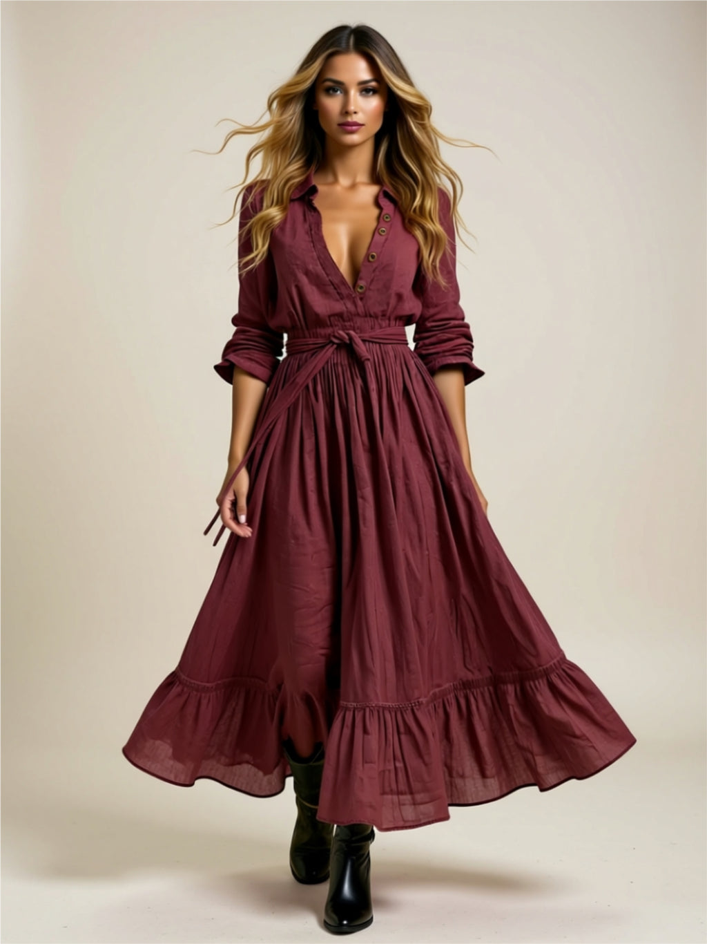 Button Front Belted Maxi Dress with Ruffle Hem