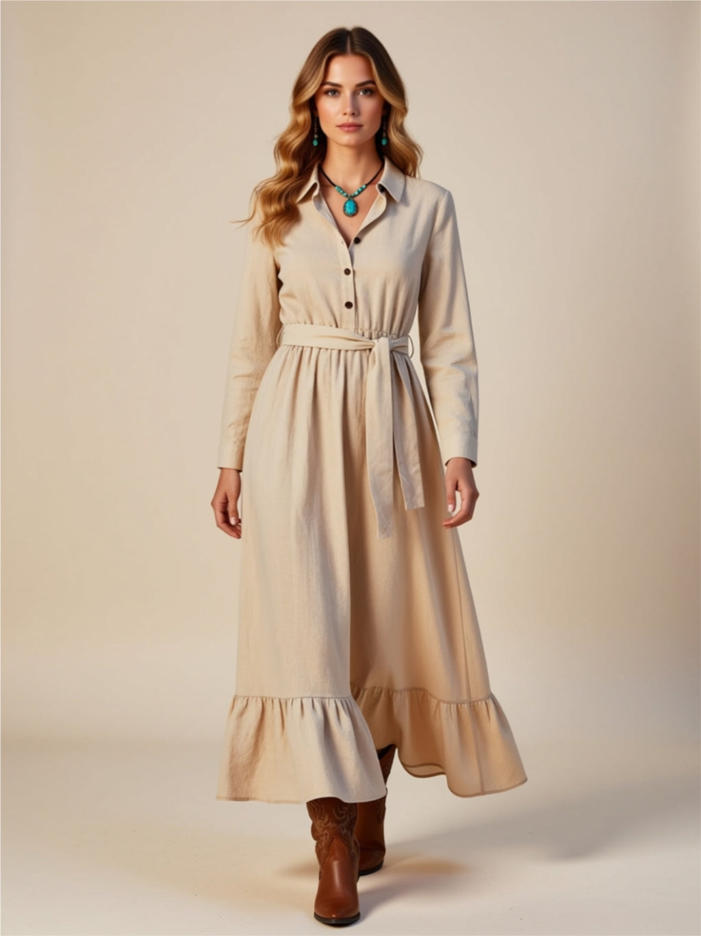 Button Front Belted Maxi Dress with Ruffle Hem