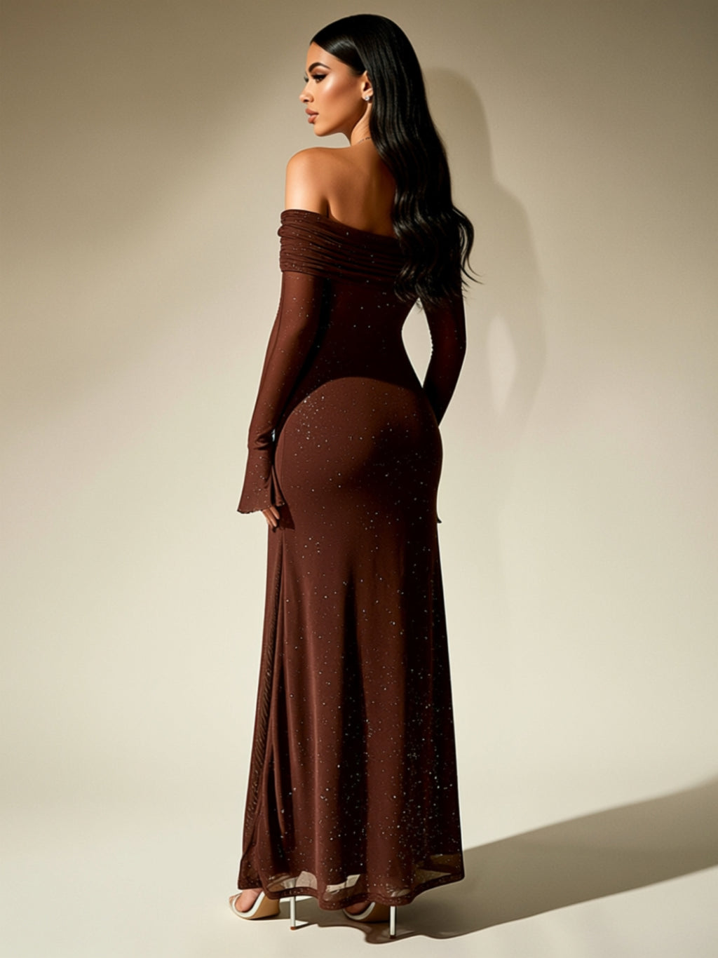 Off‑Shoulder Glitter Maxi Dress with Long Sleeves