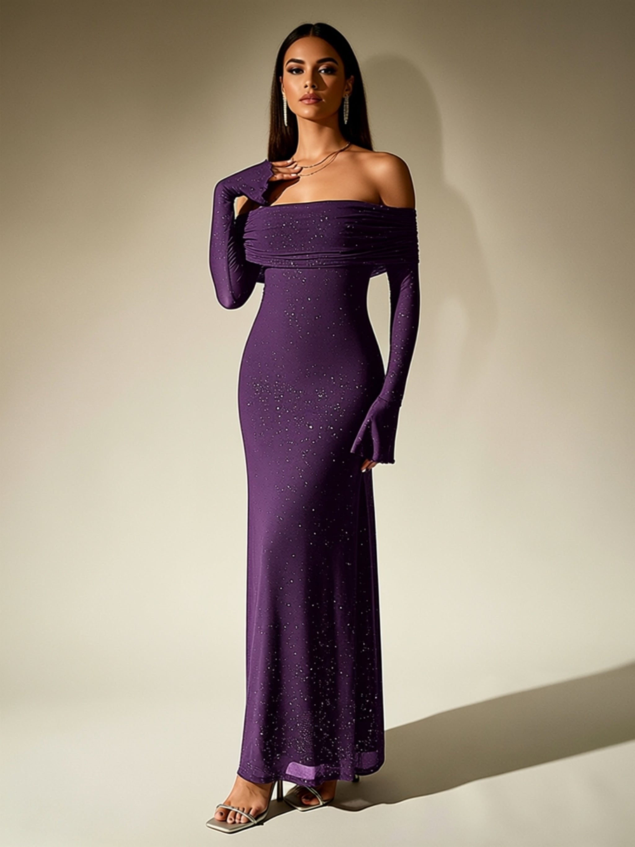 Off‑Shoulder Glitter Maxi Dress with Long Sleeves