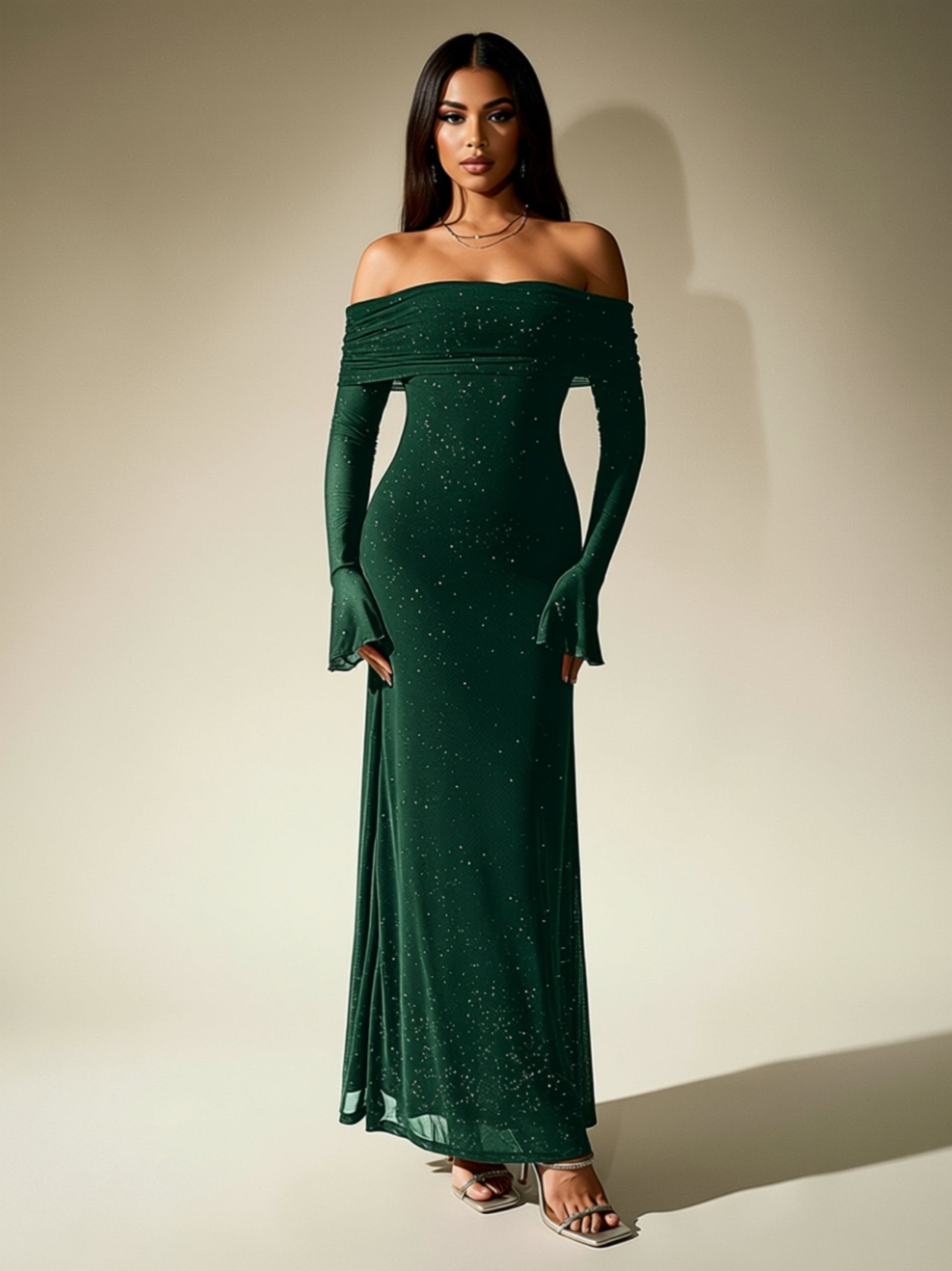 Off‑Shoulder Glitter Maxi Dress with Long Sleeves