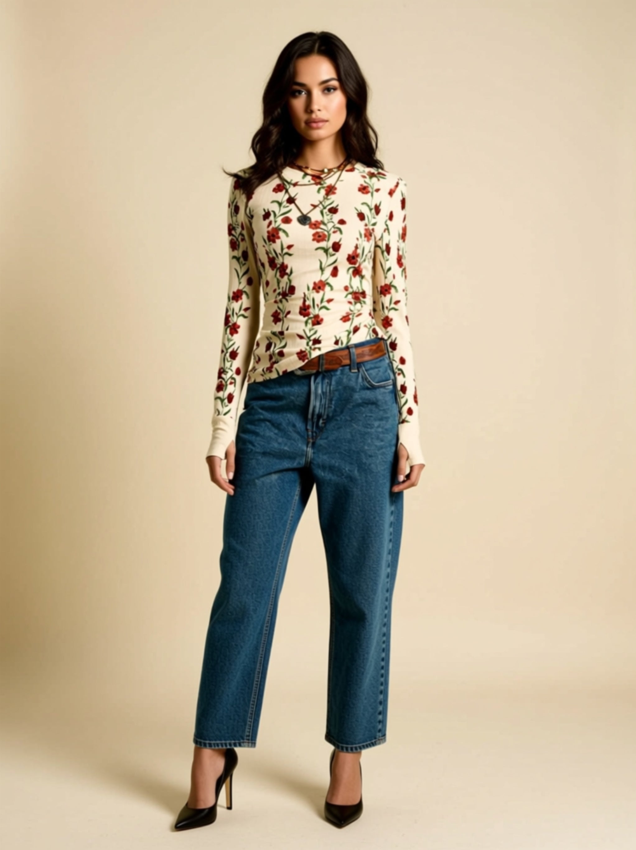 Floral Print Long Sleeve Fitted Top