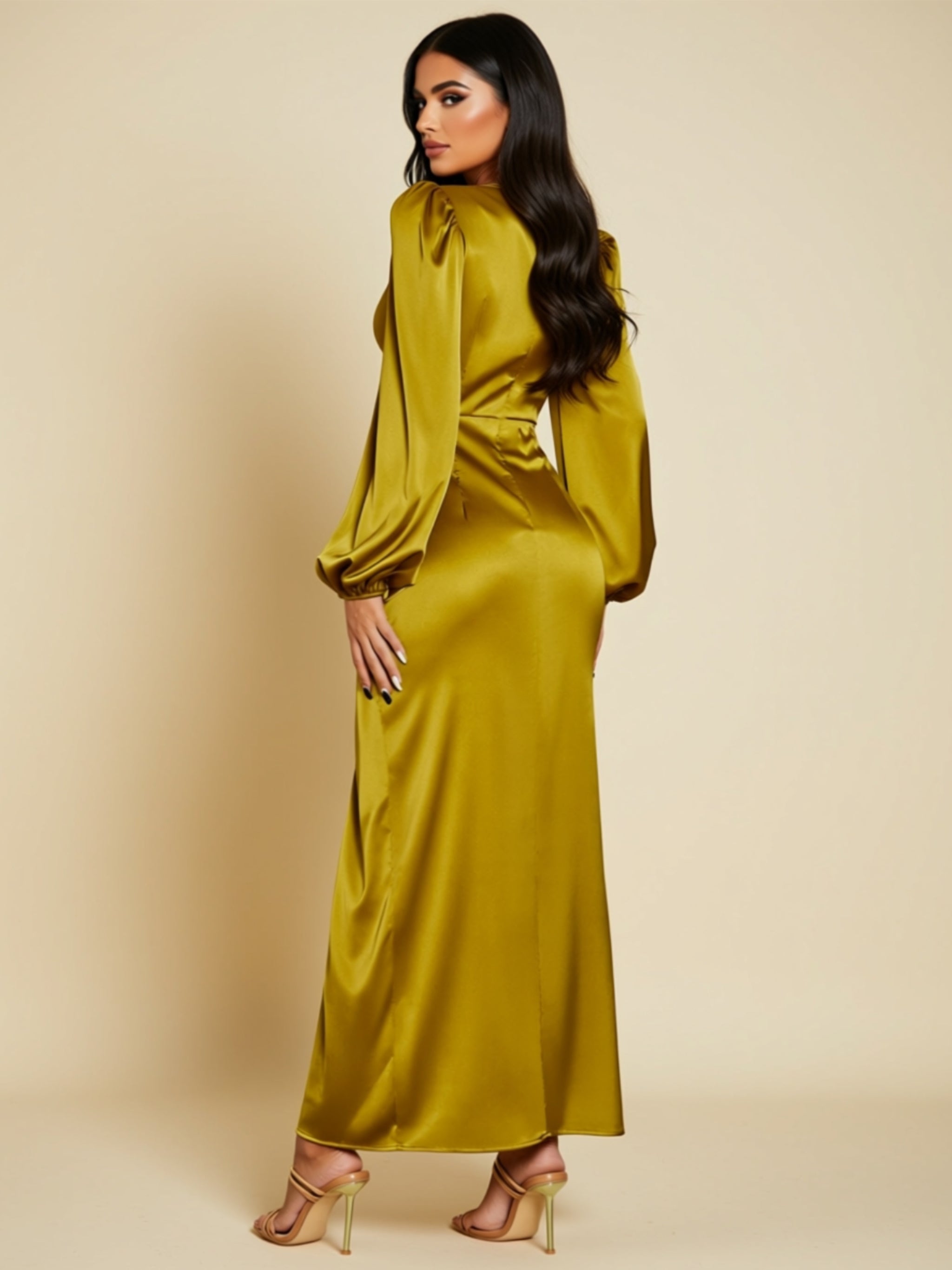 Gold High‑Waist Maxi Dress with Deep V Neck & Princess Sleeves