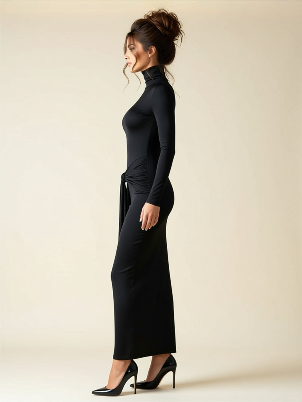 Elegant Solid Color Long Sleeve Maxi Dress with High Neck & Front Draped Knot
