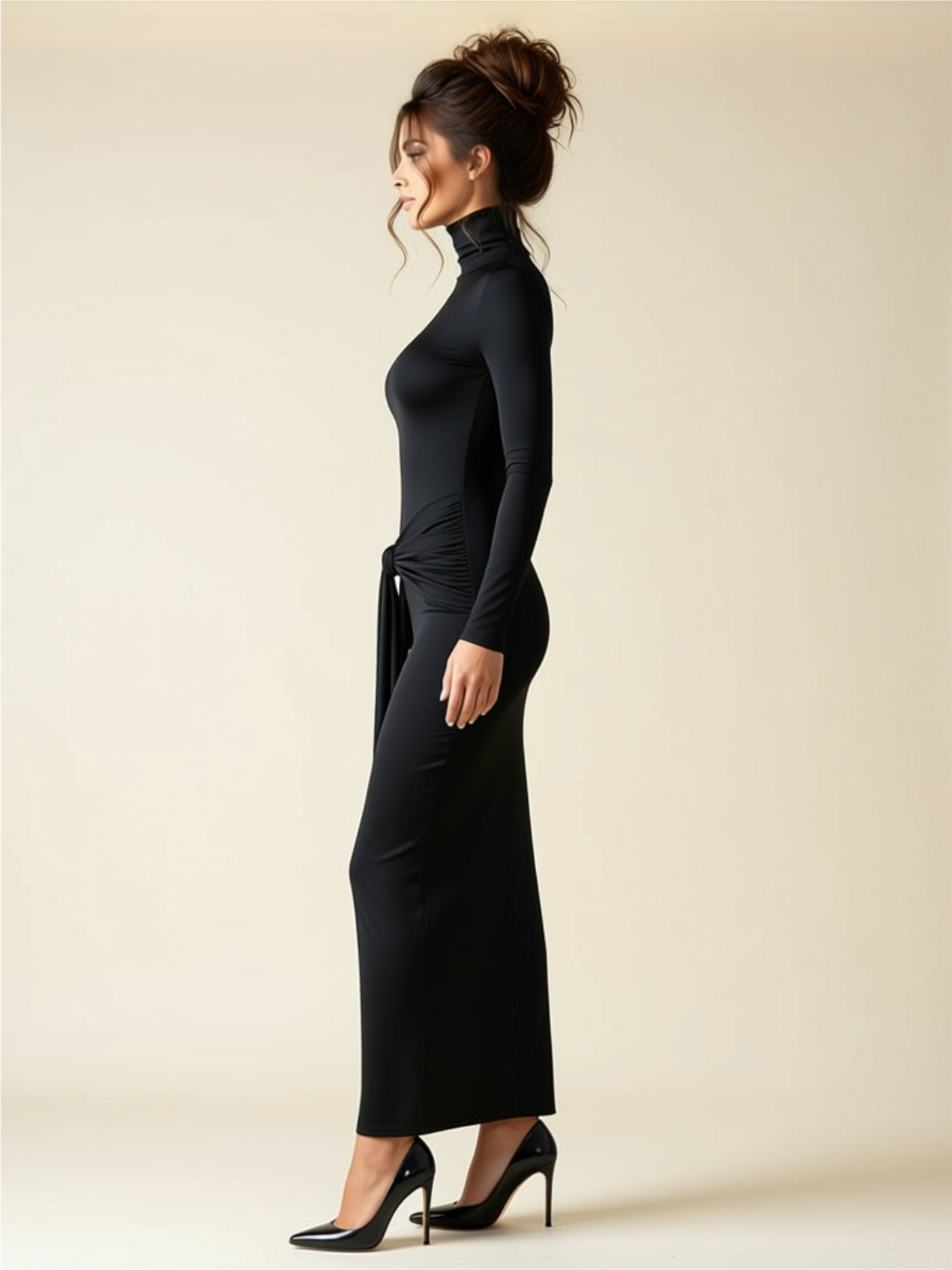 Elegant Solid Color Long Sleeve Maxi Dress with High Neck & Front Draped Knot