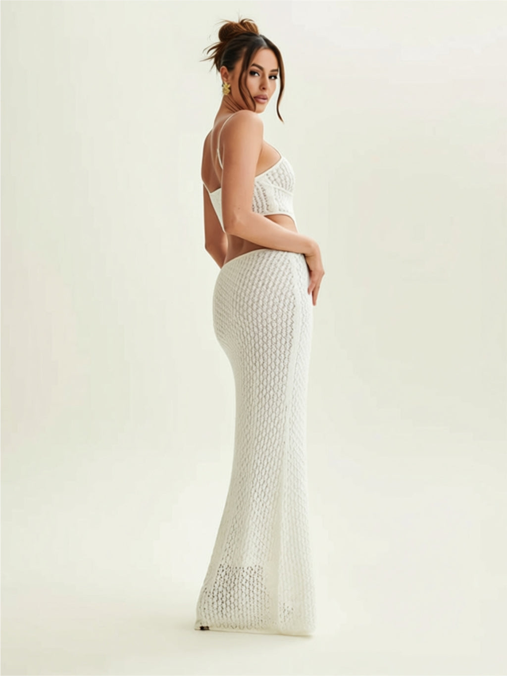 White Sheer Crochet Cutout Maxi Dress