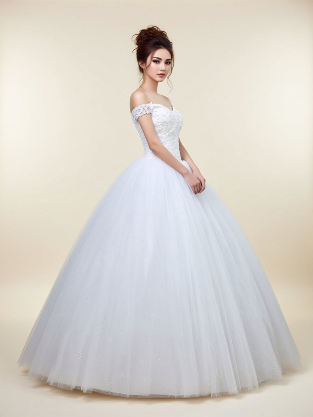 Off‑Shoulder Lace Ball Gown Wedding Dress