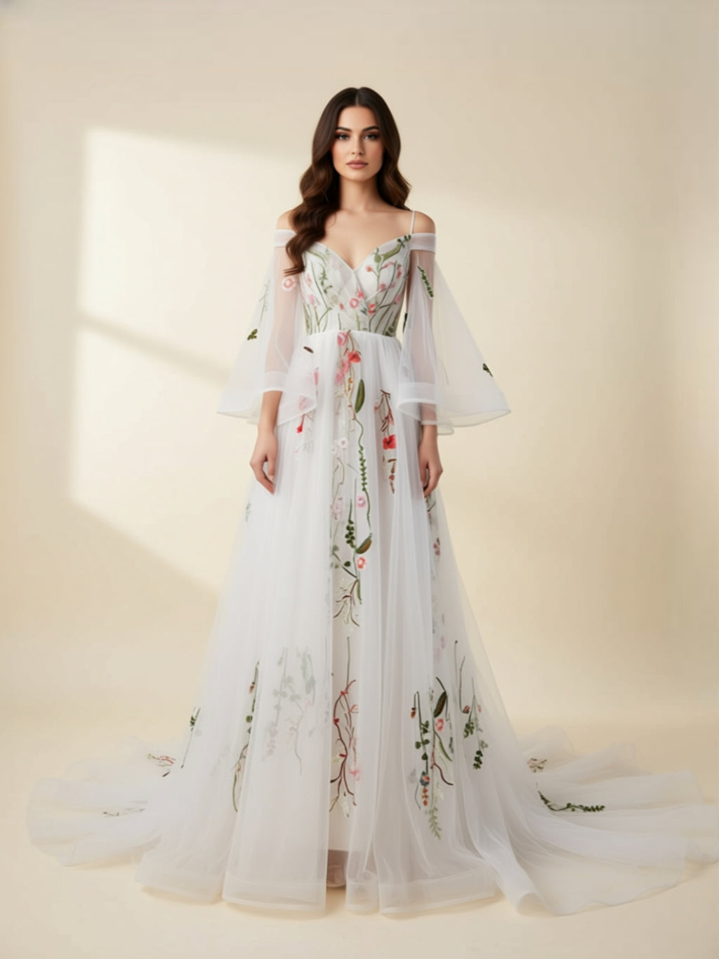 Floral Embroidered Off‑Shoulder Tulle Gown