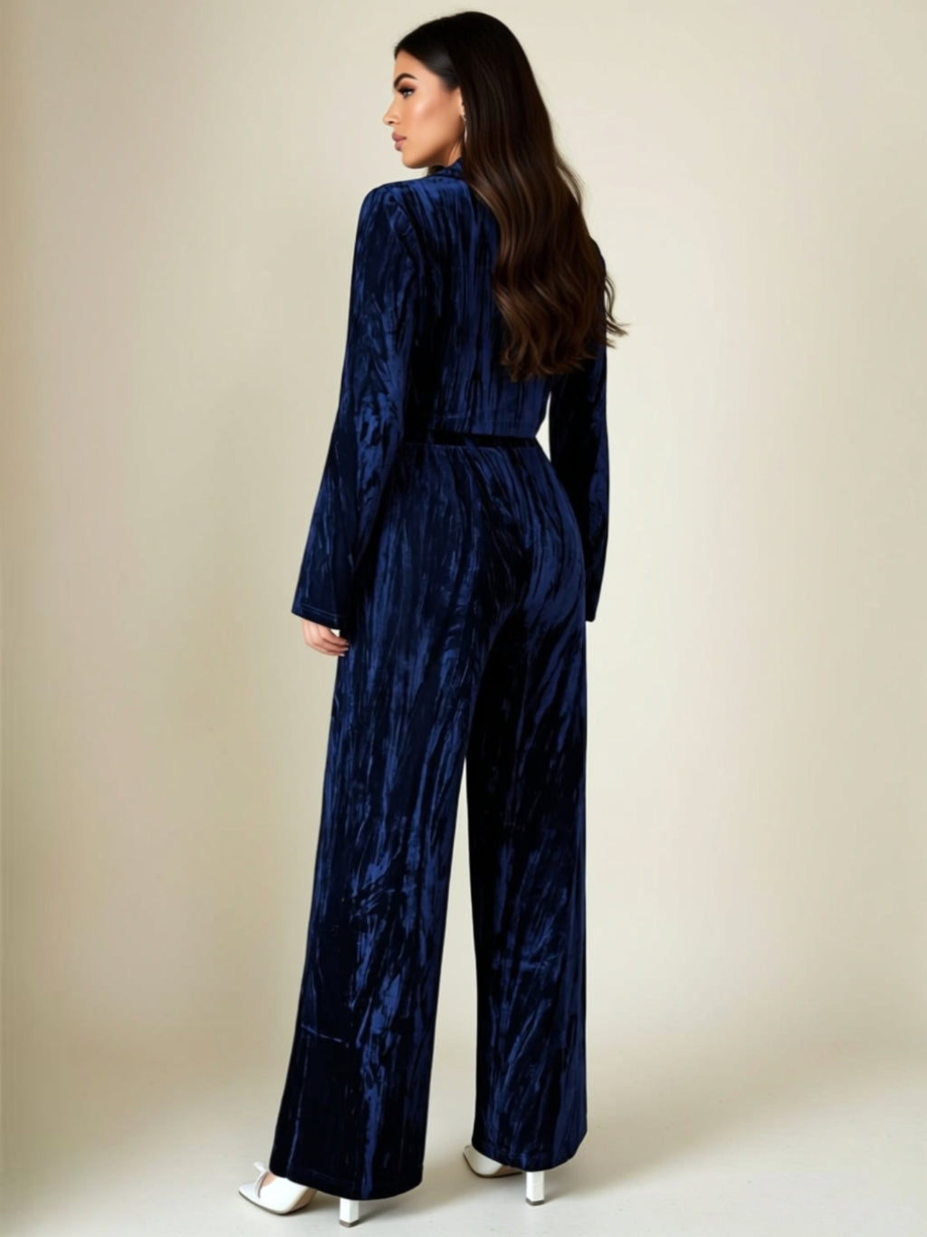 Velvet Two‑Piece Wide‑Leg Pant Set with Long Sleeve Blazer Top
