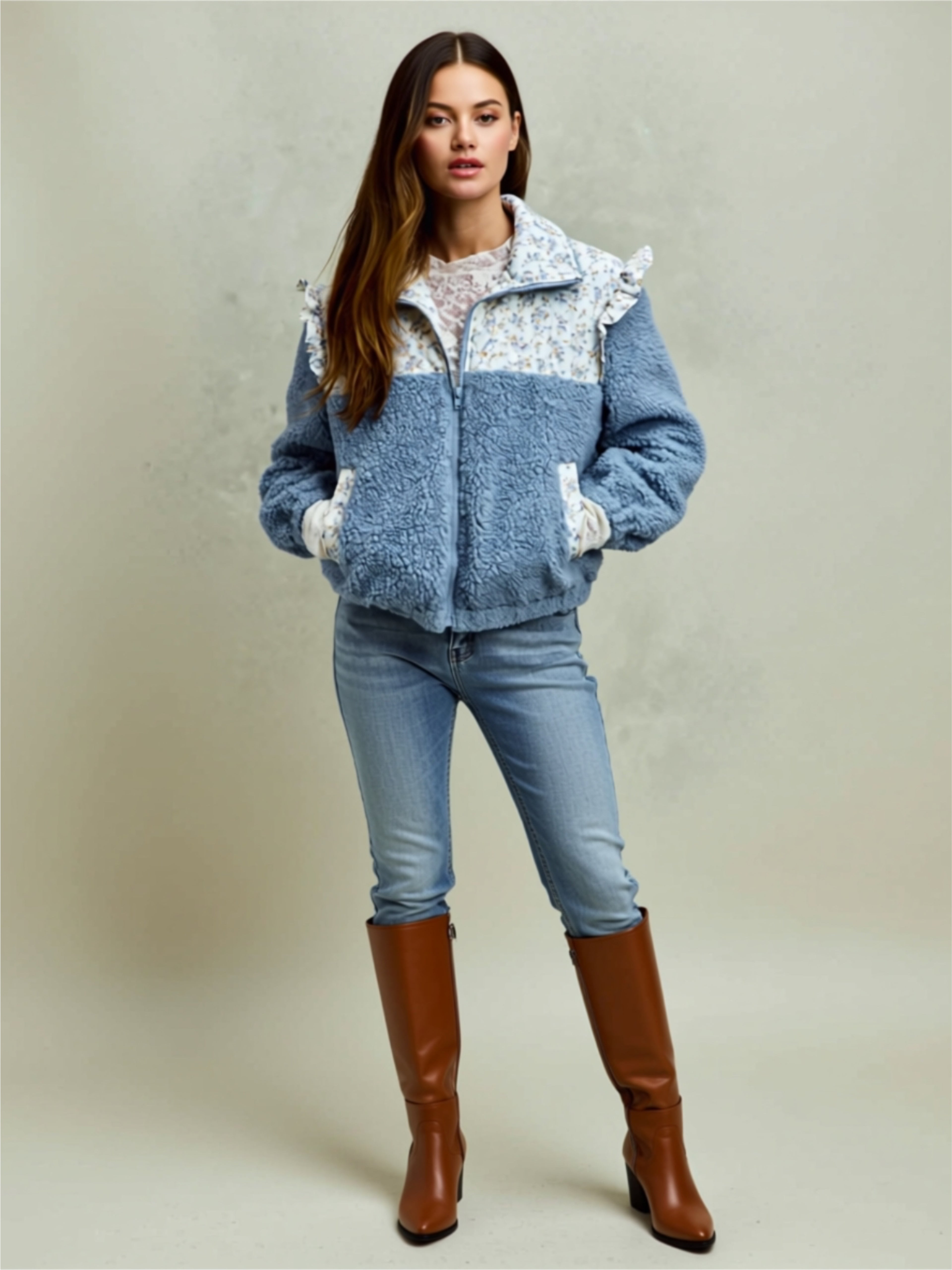 Blue Ruffled Sherpa Jacket with Floral Panel
