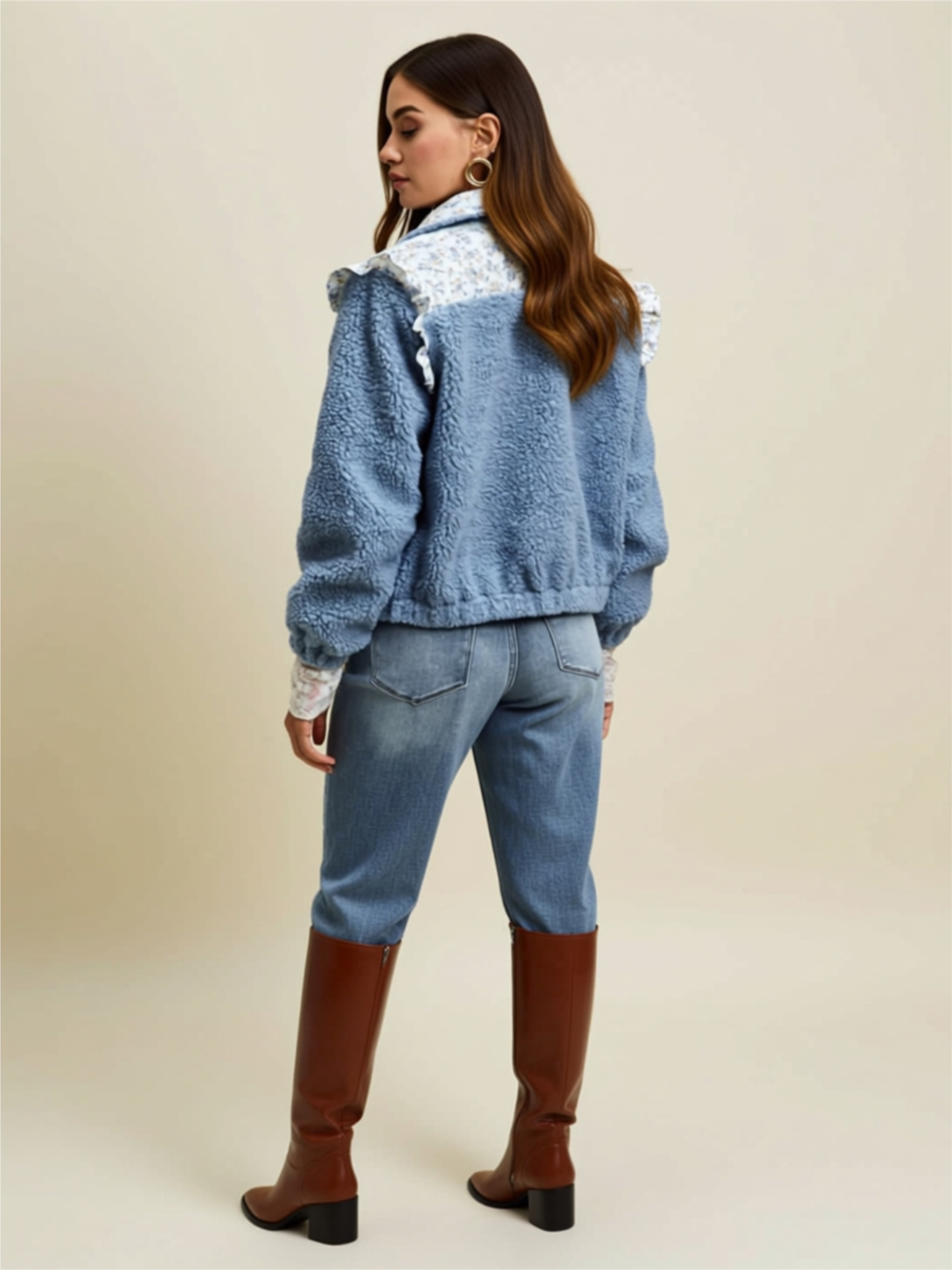 Blue Ruffled Sherpa Jacket with Floral Panel