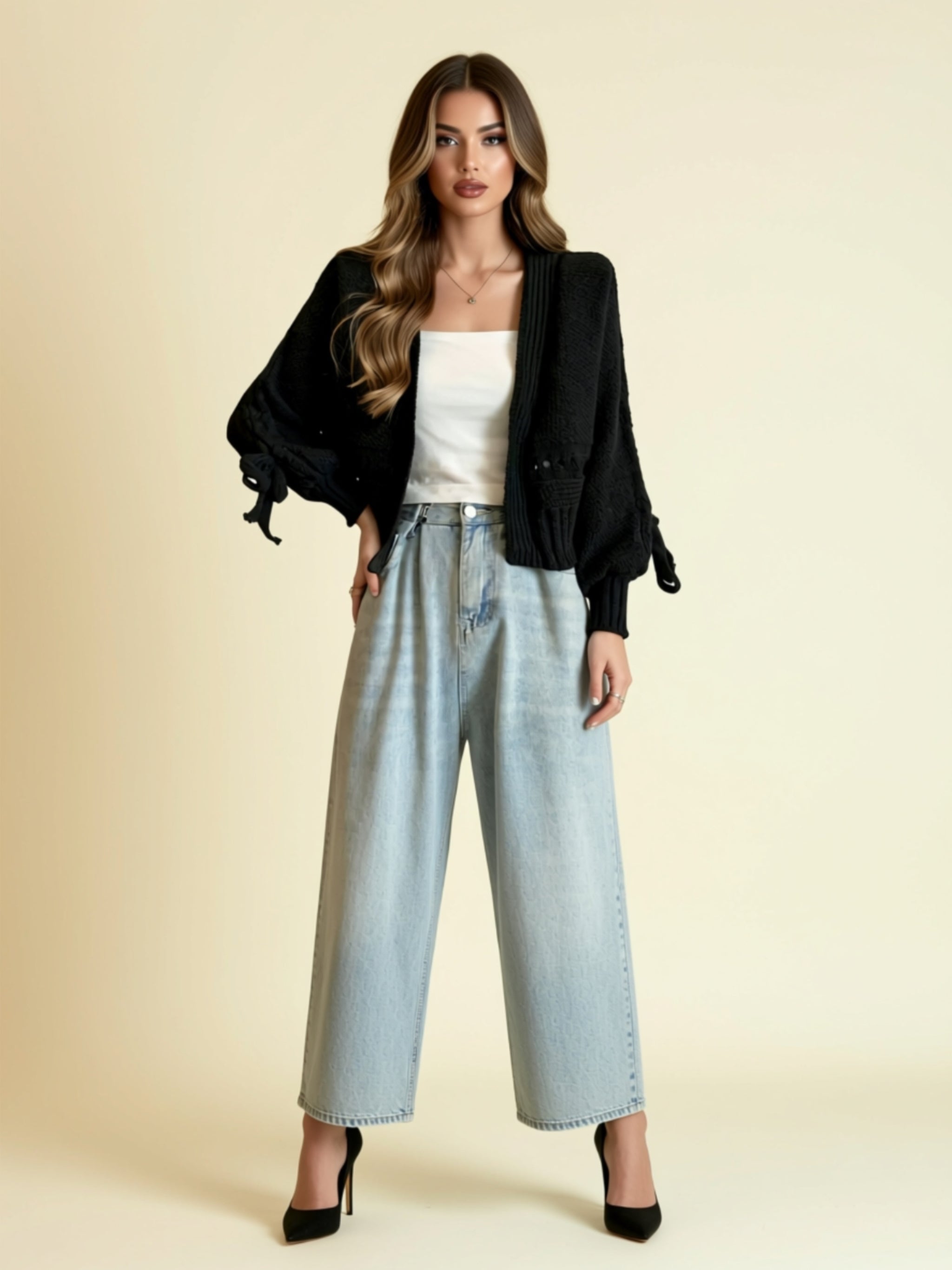 Cozy Knit Balloon‑Sleeve Cardigan with Ribbon Tie Details