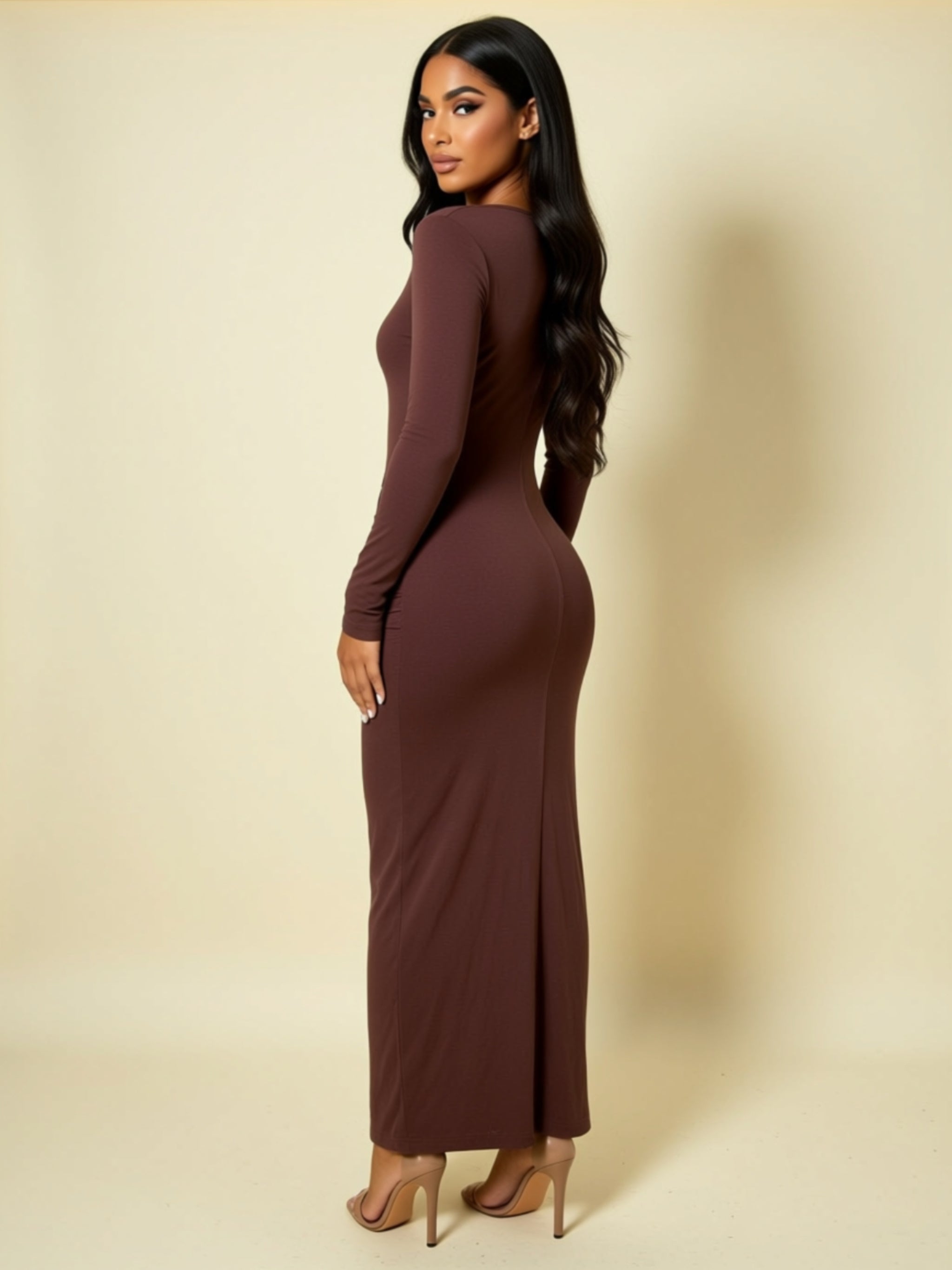 High‑Waist Long Sleeve Patchwork Maxi Dress