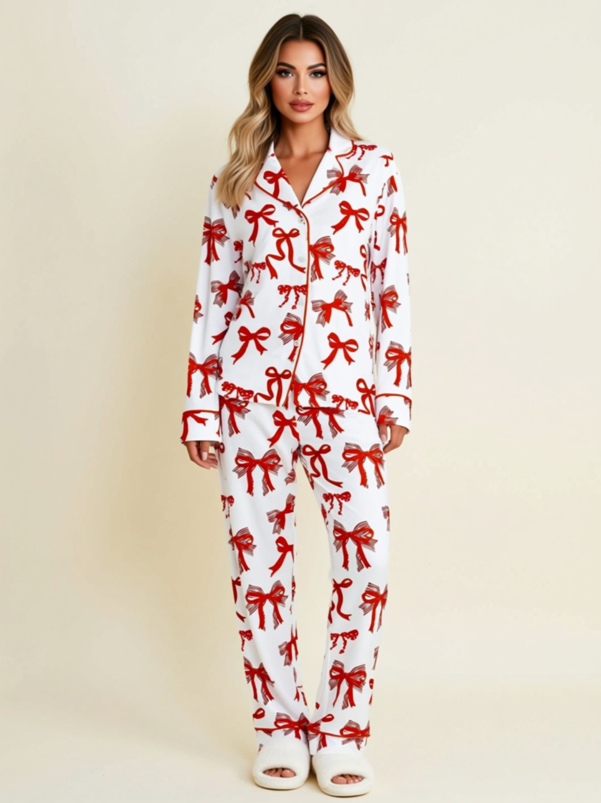 Holiday Bow Print Button-Down Two-Piece Pajama Set