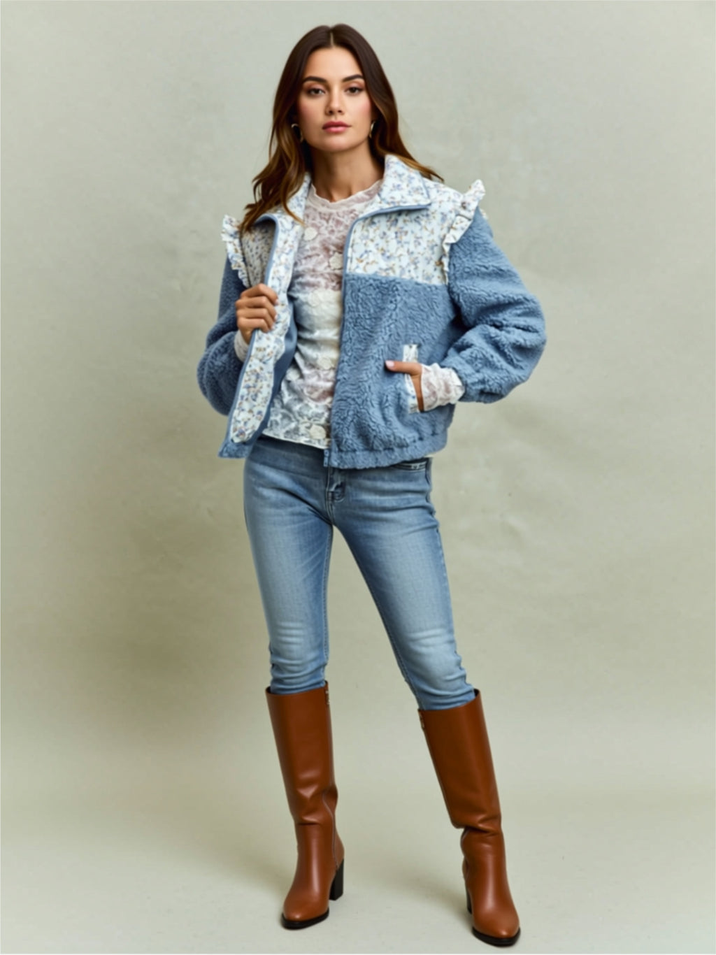 Blue Ruffled Sherpa Jacket with Floral Panel