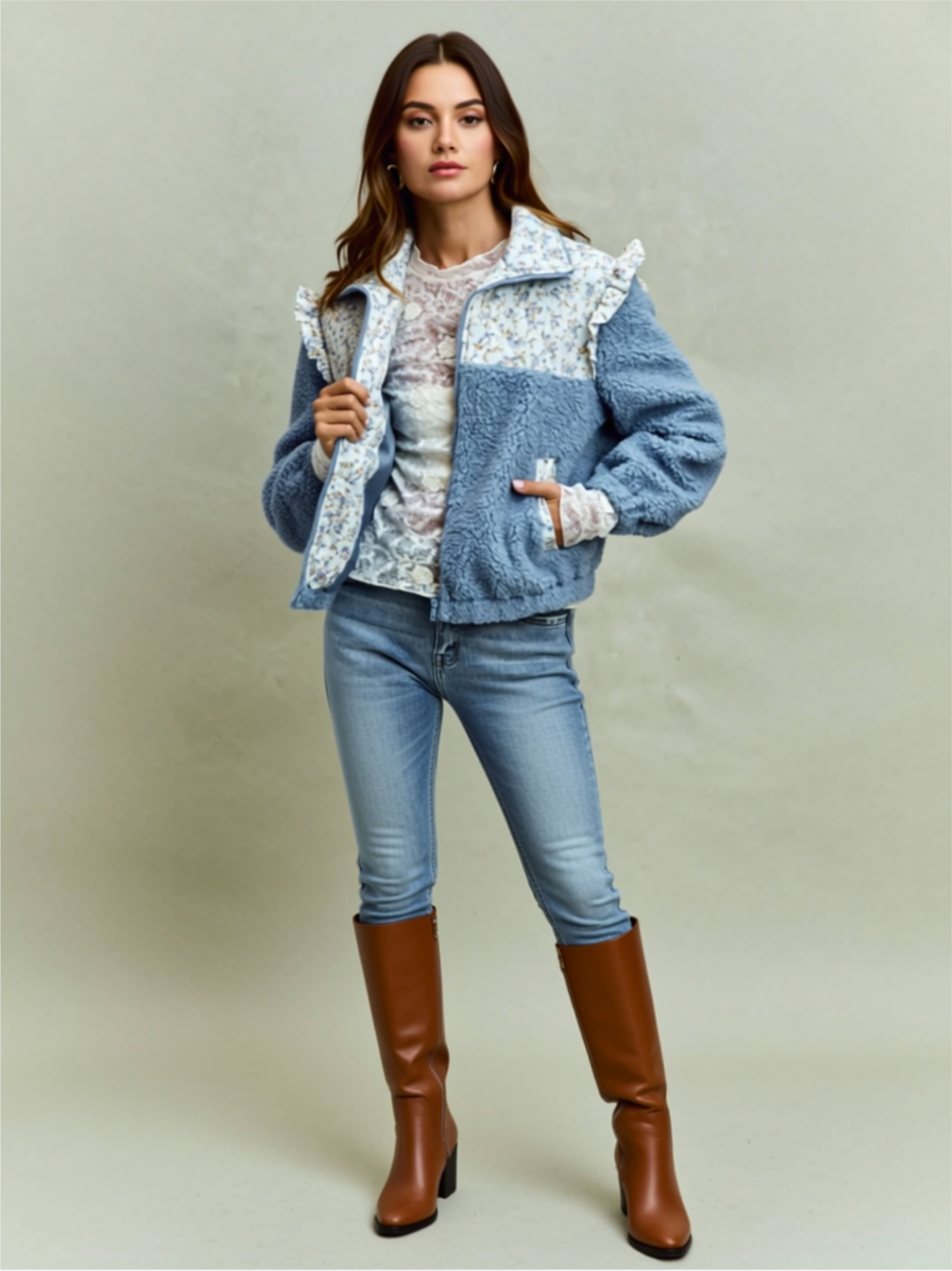 Blue Ruffled Sherpa Jacket with Floral Panel