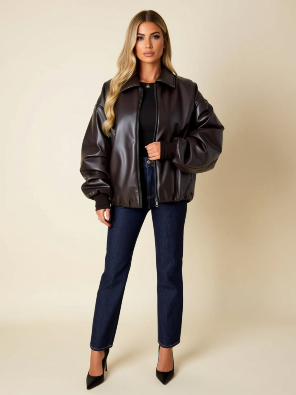 Oversized Faux Leather Zip-Up Jacket with Pockets