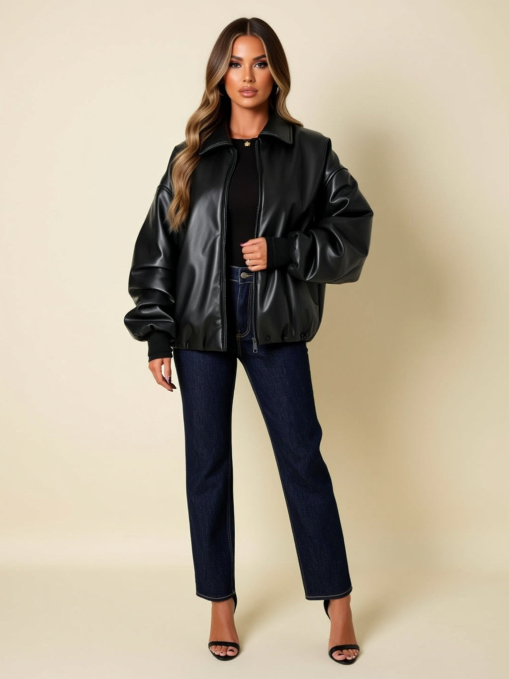 Oversized Faux Leather Zip-Up Jacket with Pockets