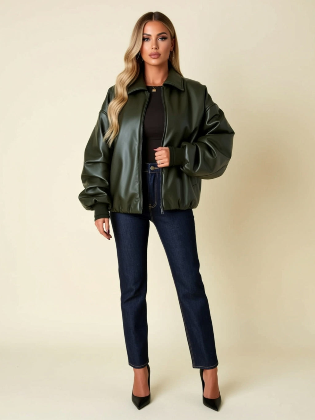 Oversized Faux Leather Zip-Up Jacket with Pockets