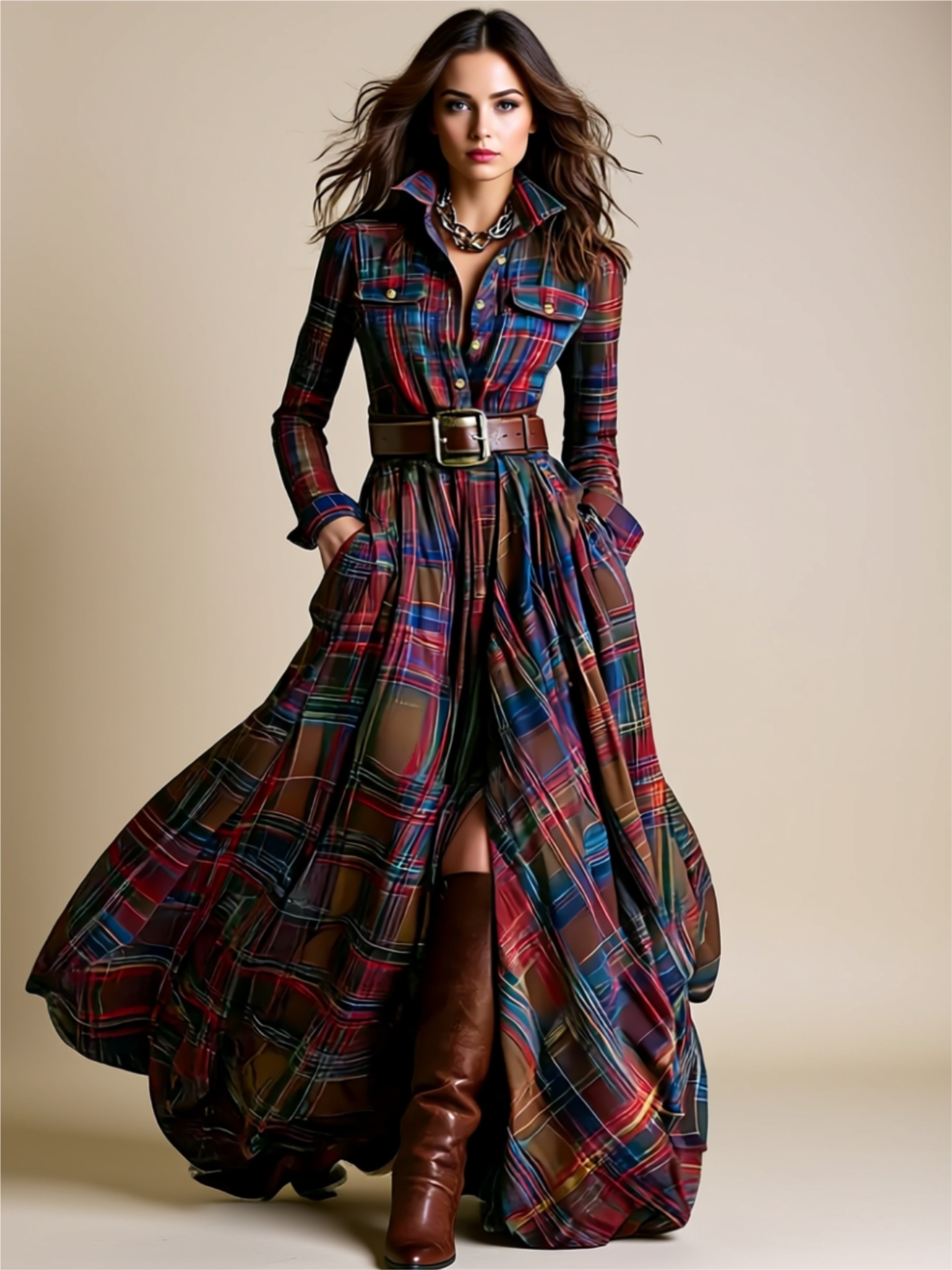 Plaid Long Sleeve Maxi Shirt Dress