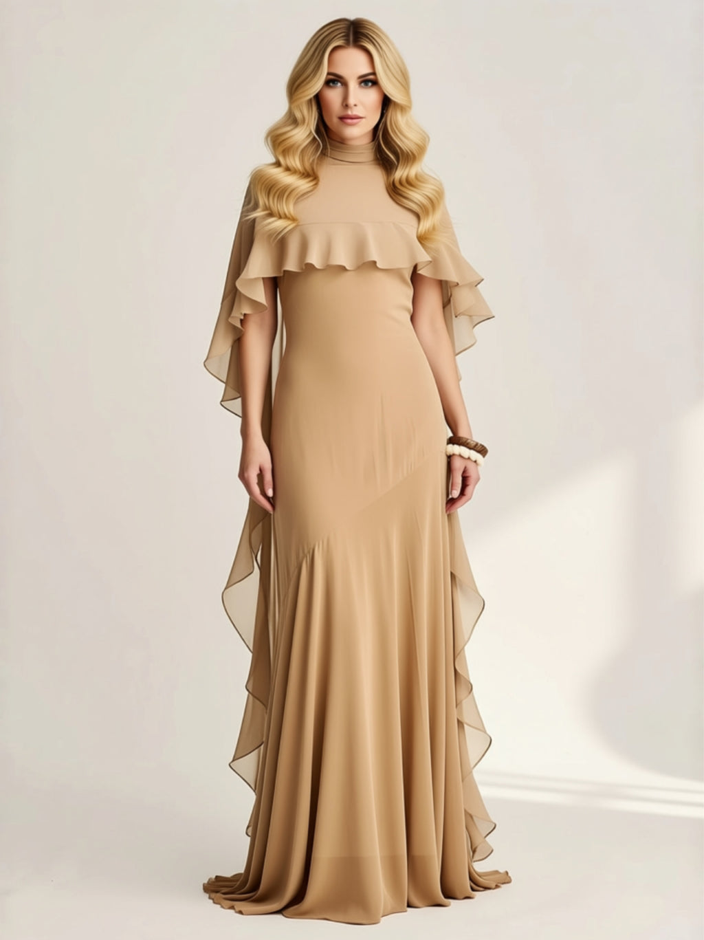 Apricot Maxi Dress Set with Layered Cape