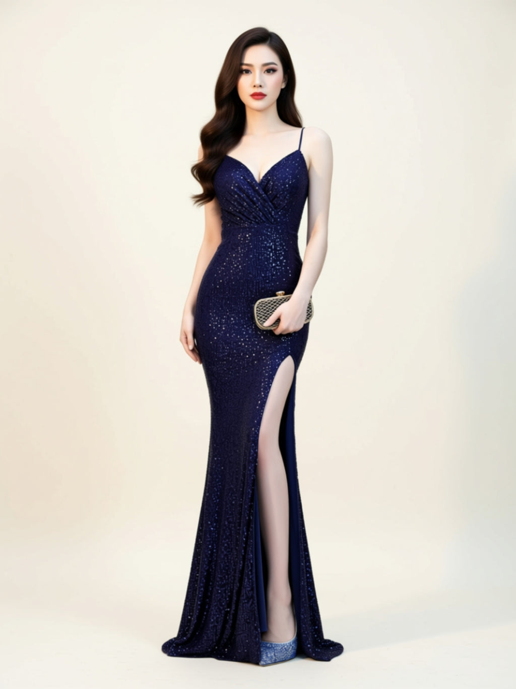 Sequin V‑Neck Spaghetti Strap Mermaid Gown
