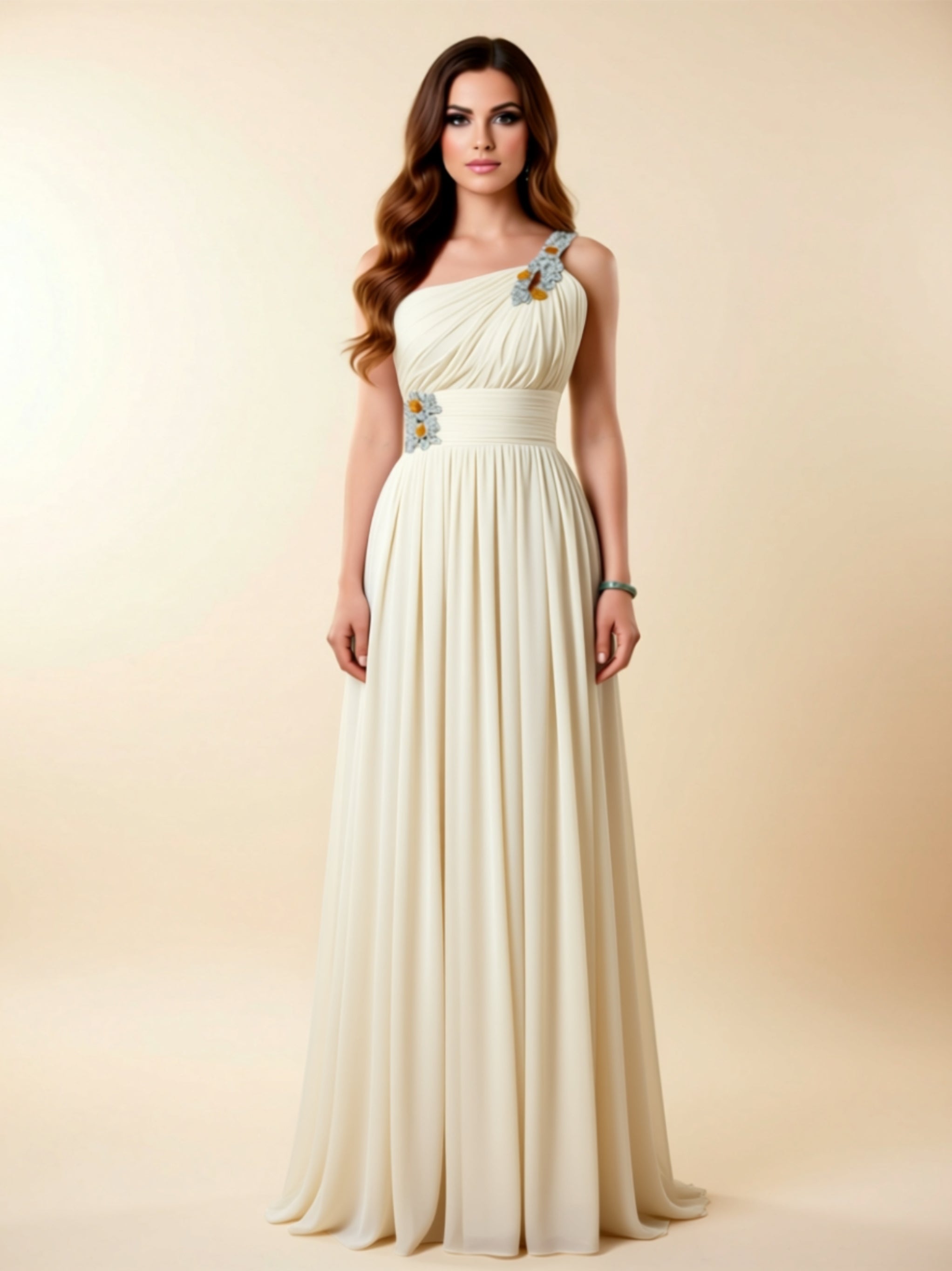 One‑Shoulder Embellished Chiffon Evening Gown
