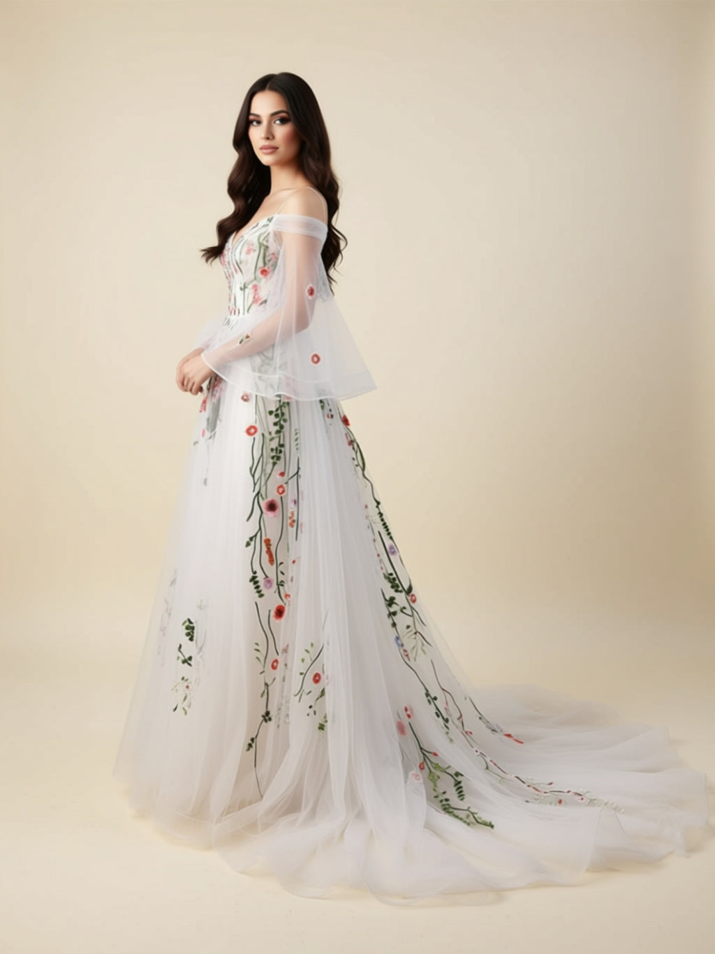 Floral Embroidered Off‑Shoulder Tulle Gown