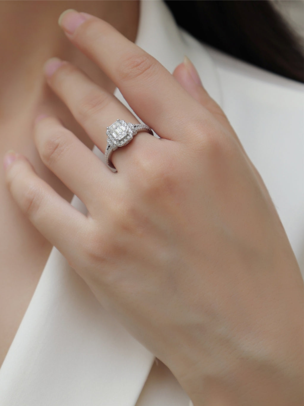 S925 Platinum‑Plated Octagon Moissanite Halo Ring