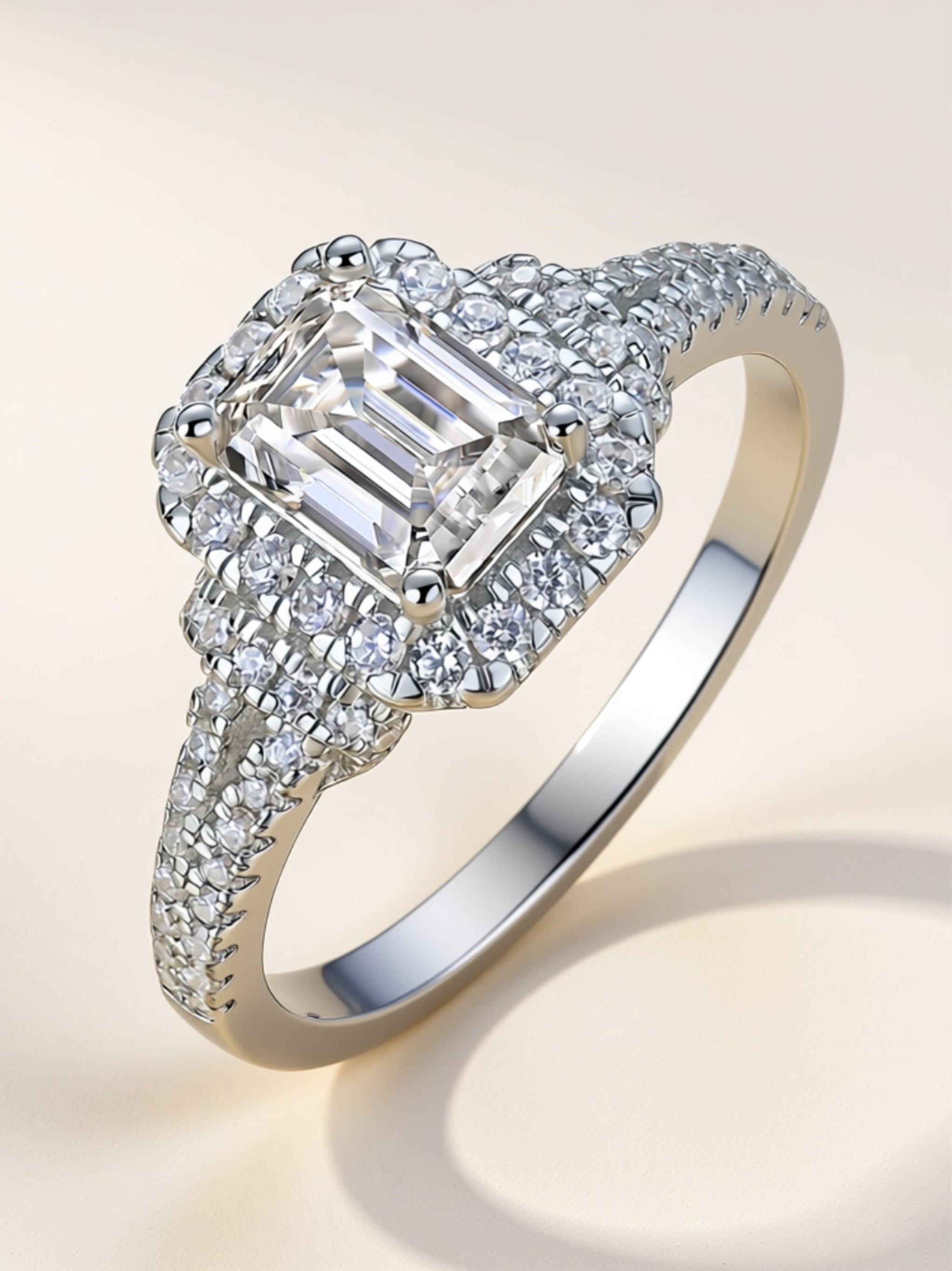 S925 Platinum‑Plated Octagon Moissanite Halo Ring