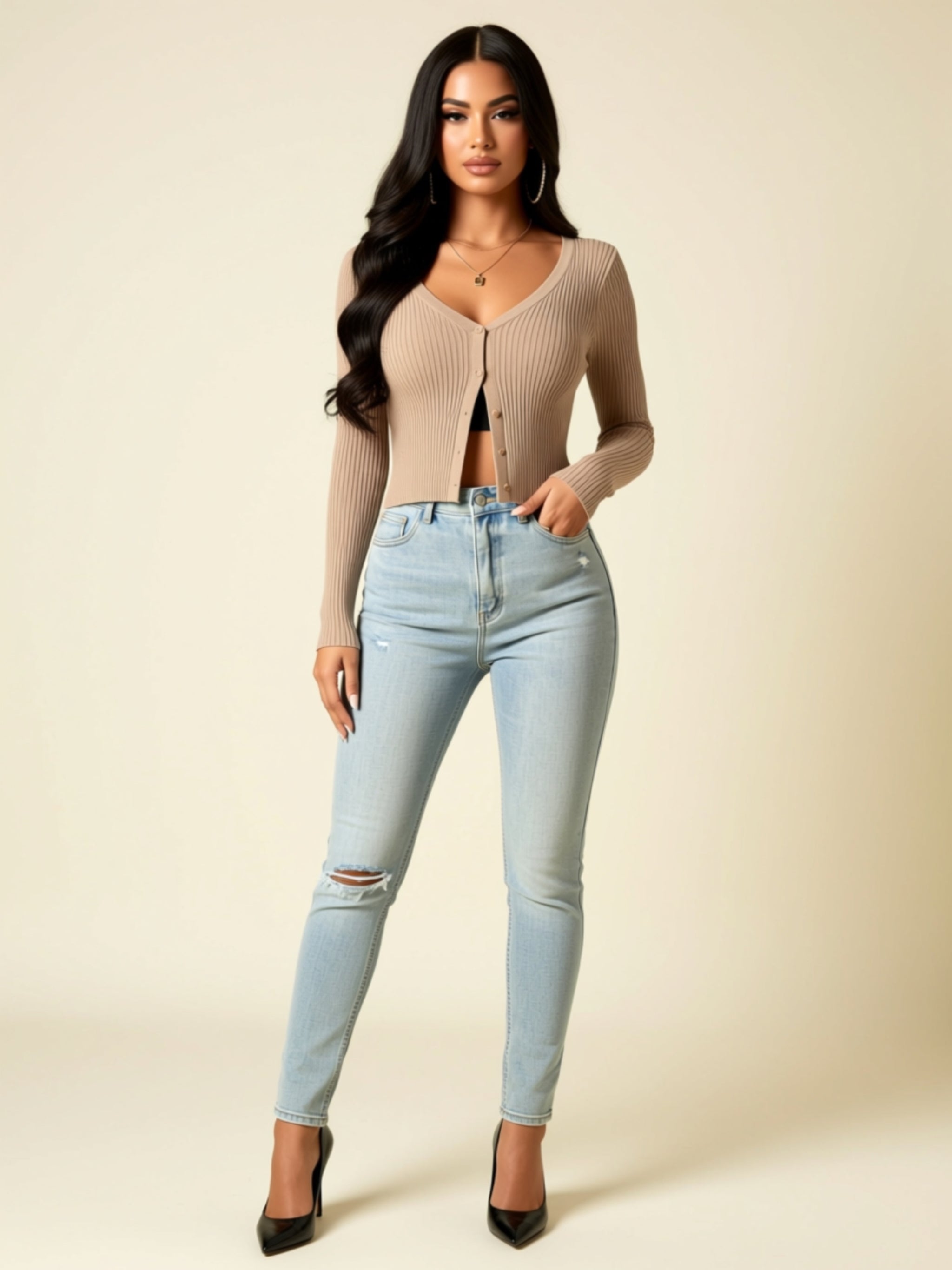 Ribbed Button-Front Long Sleeve Stretch Cardigan