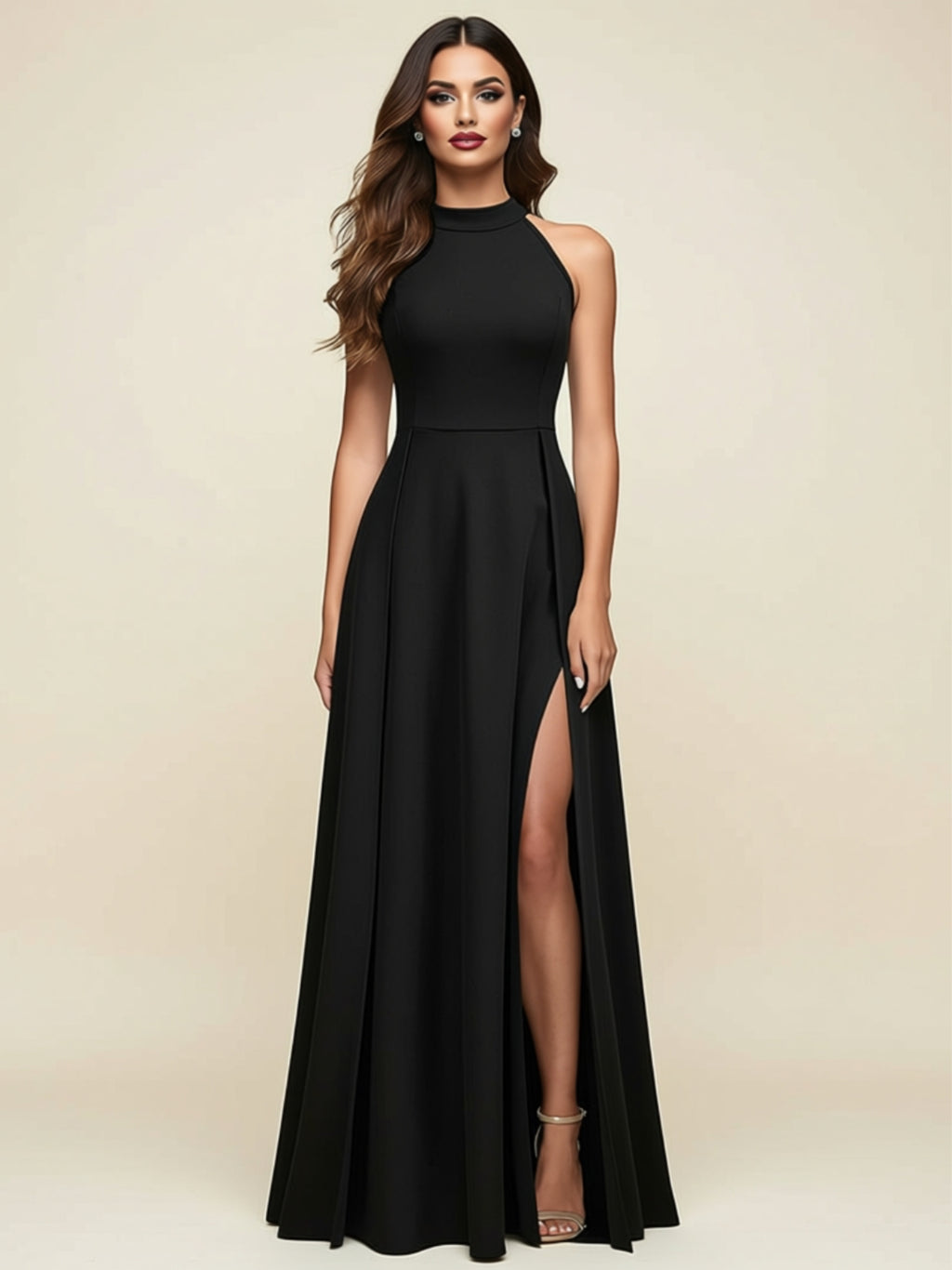 High Neck Maxi Dress with Front Slit
